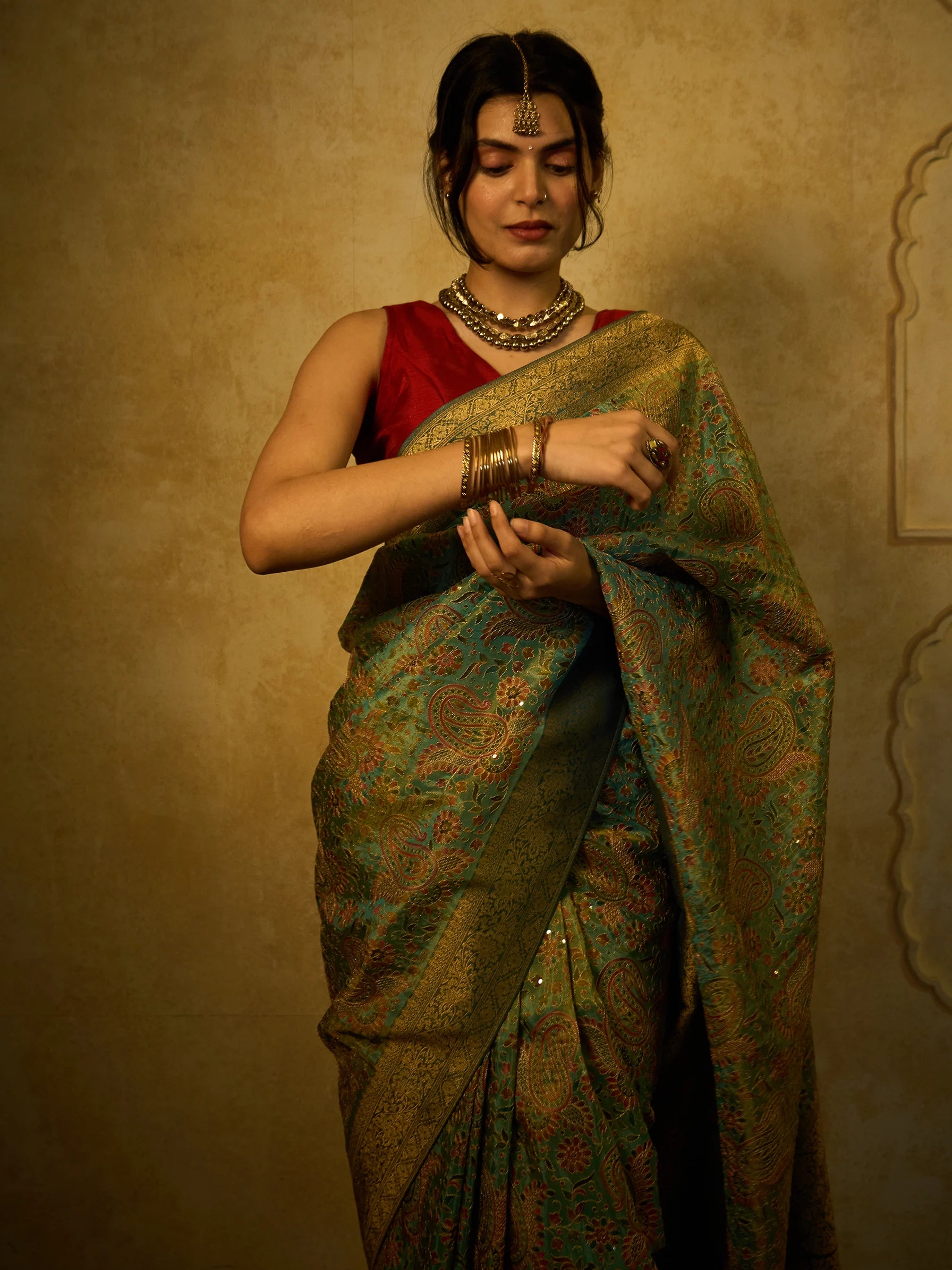 Blue Bamboo Tissue Fusion Saree | Jamawar Print Saree | Handloom Indian Saree