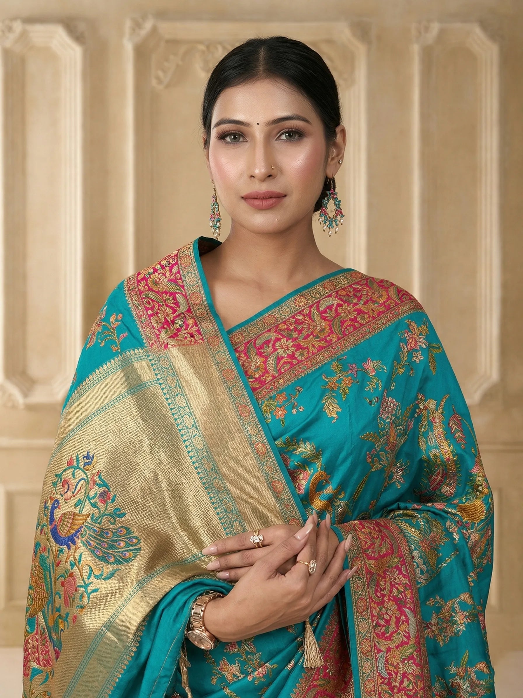 Rajwada Print Pure Eri Vegan Silk Saree | Kalamkari Zardozi Embroidered Blue Saree