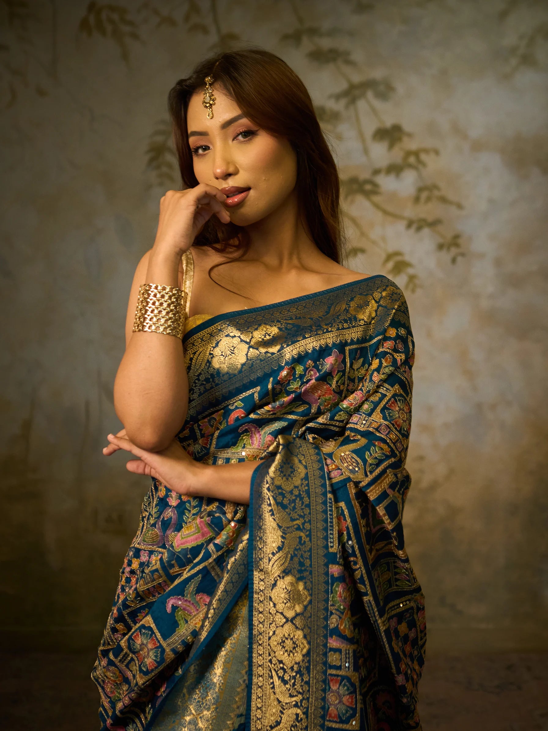 Blue Muga Silk Fusion Saree | Peacock Print Saree | Wedding Saree