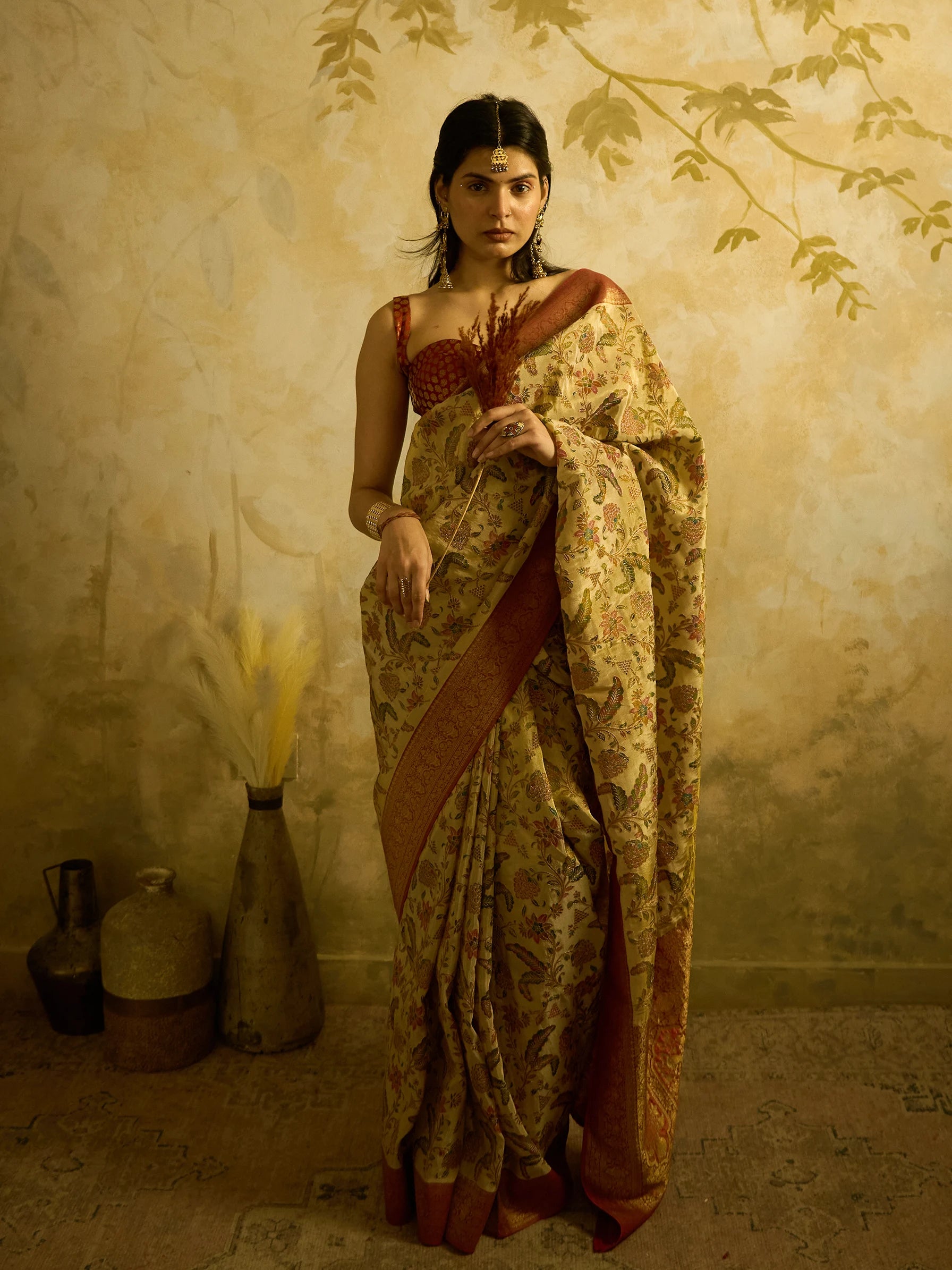 Gold Bamboo Tissue Fusion Saree | Jamawar Print Saree | Handcrafted Indian Bridal Saree