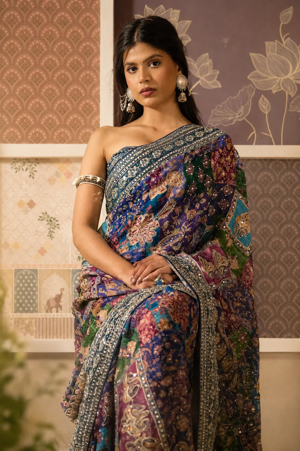Blue Lotus Crepe Designer Saree | Indian Bridal Saree