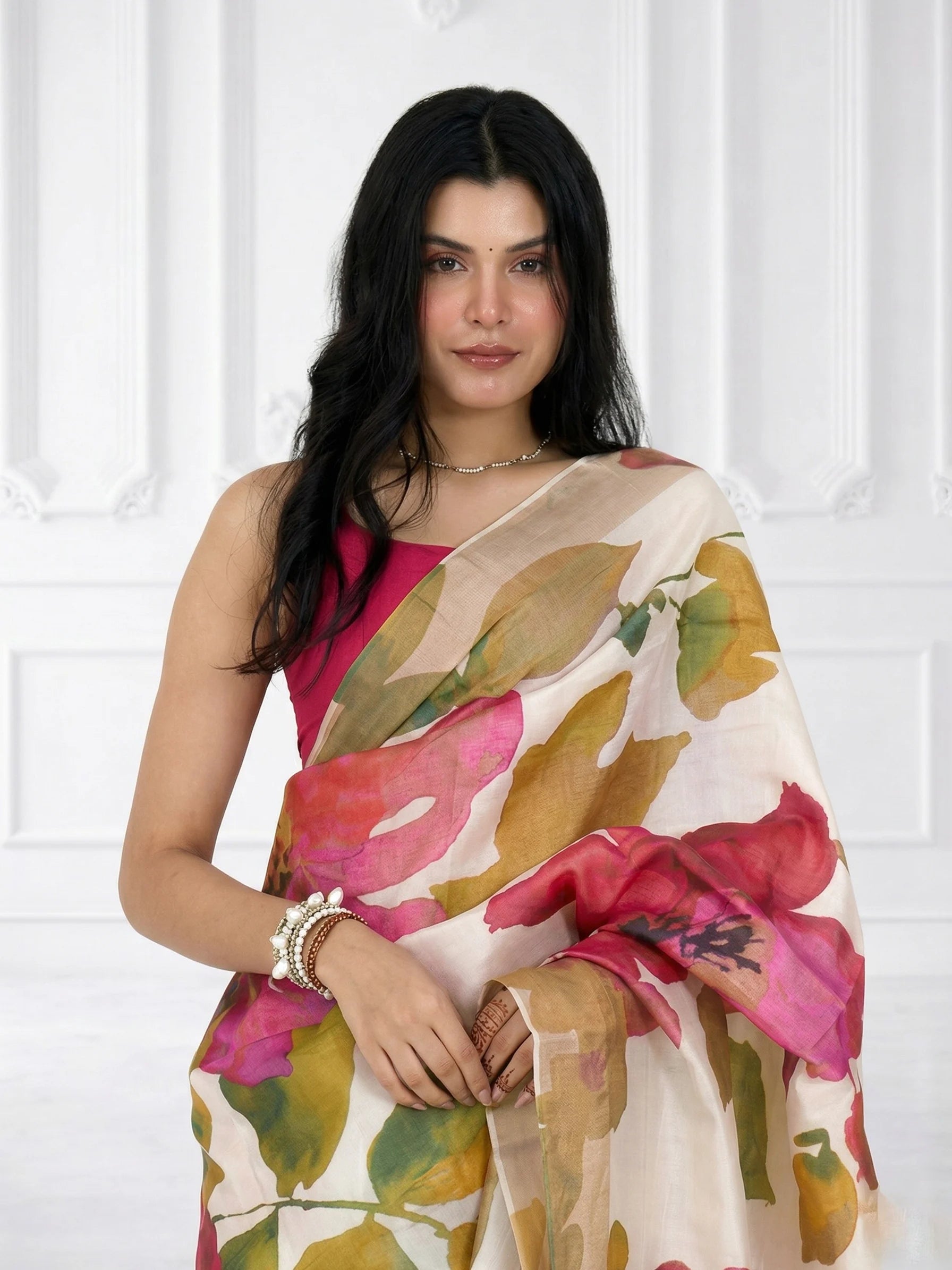 Ivory Tussar Silk Saree | Watercolor Floral Digital Print
