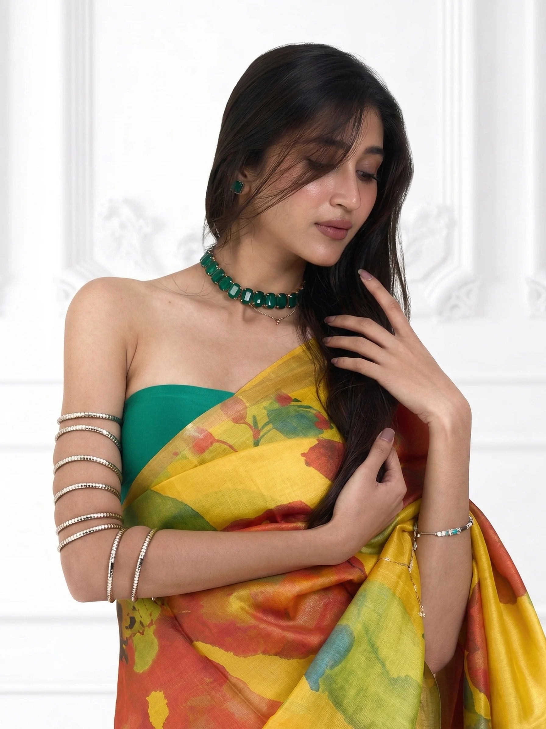Yellow Tussar Silk Saree | Floral Block Print Phulkari Saree