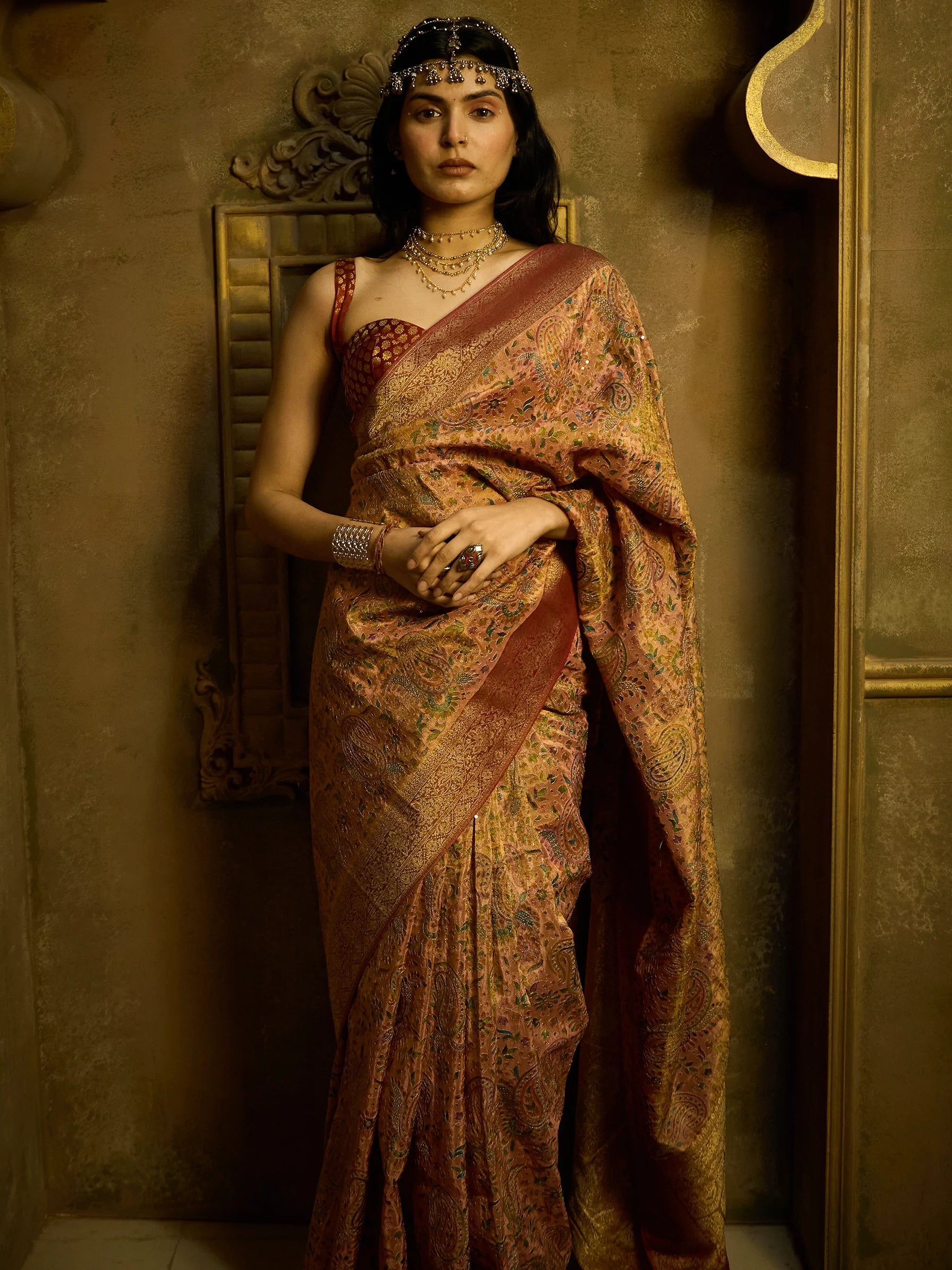 Pink Bamboo Tissue Fusion Saree | Jamawar Print Saree | Handcrafted Indian Bridal Saree