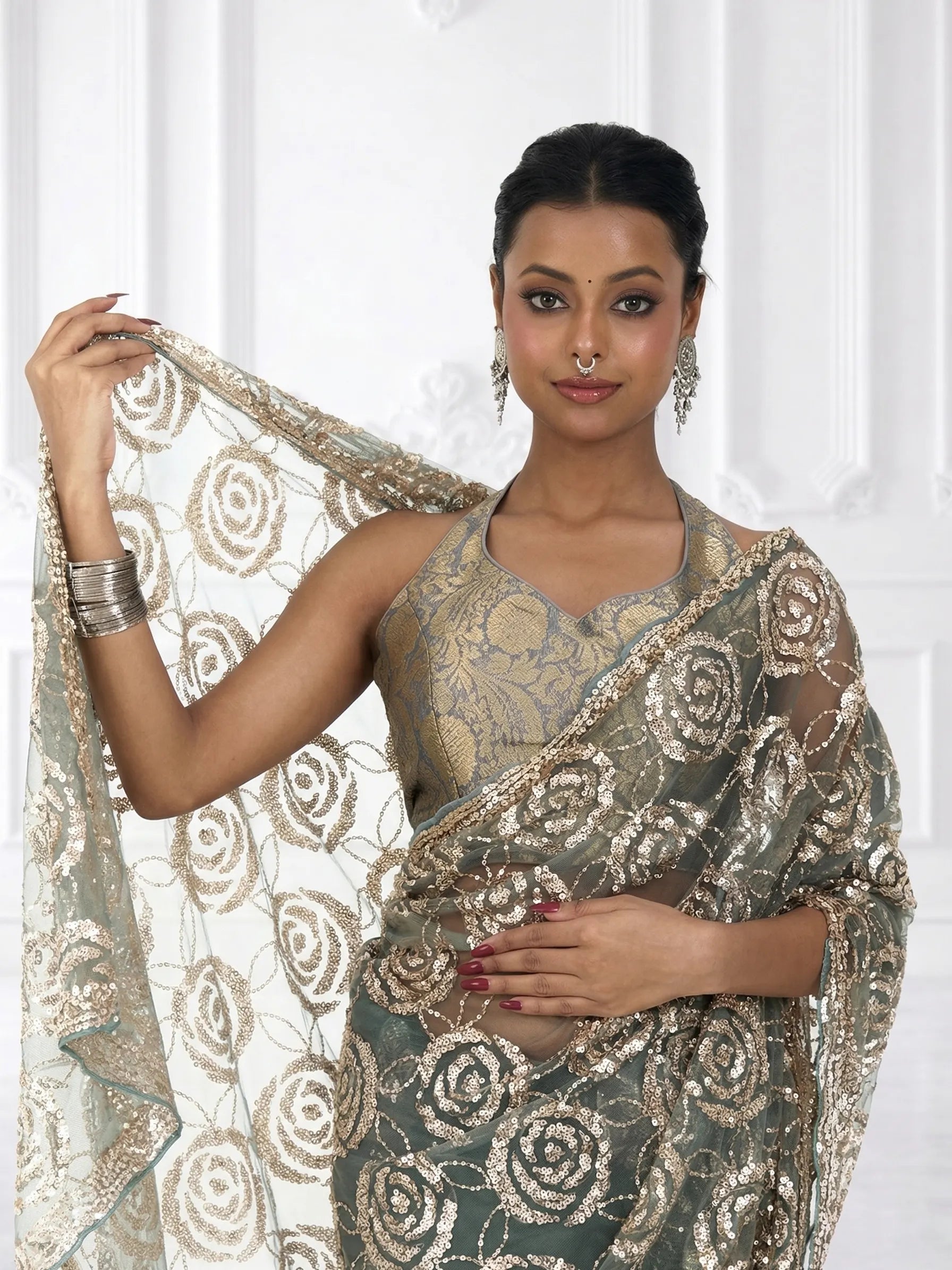Green Bamboo Net Saree | Rose Gold Sequin Embroidered Floral Saree