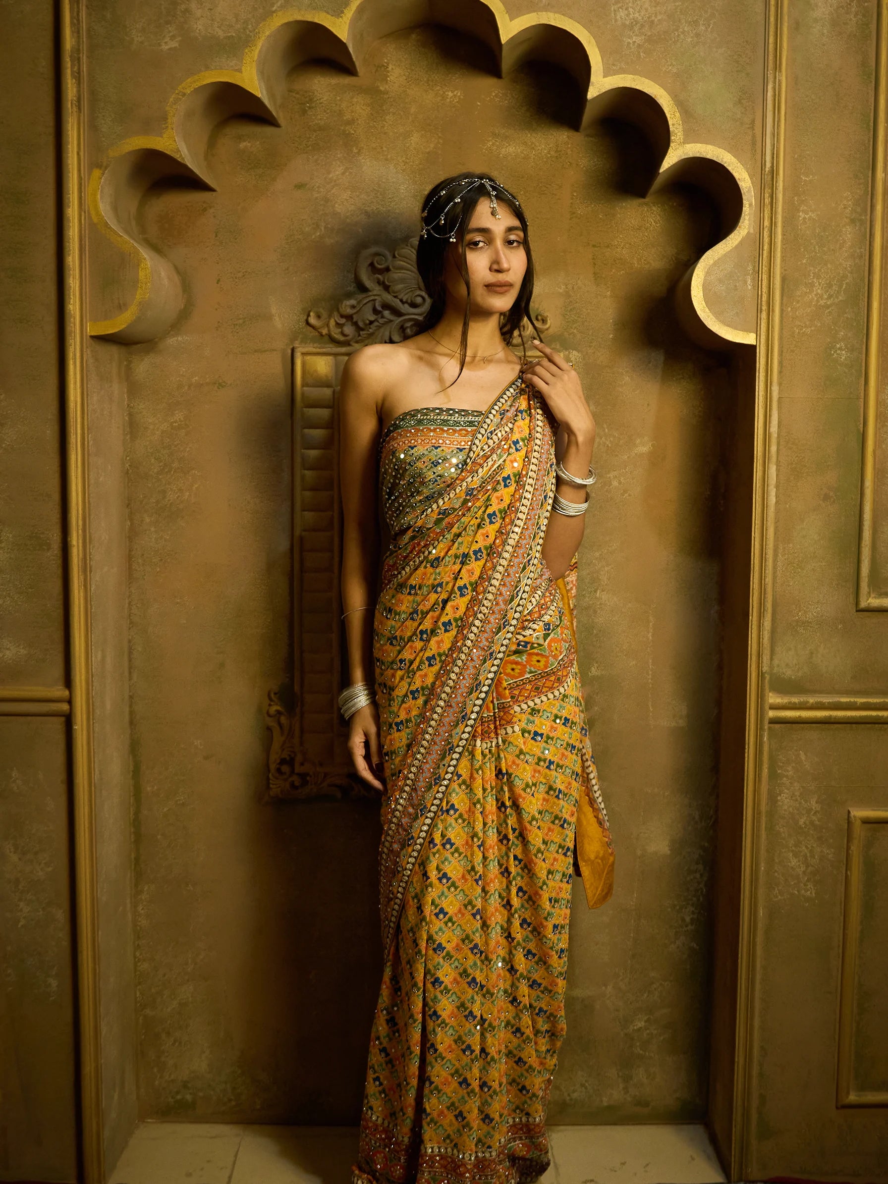 Yellow Lotus Crepe Fusion Saree | Ajrakh Mirror Work saree | Handcrafted Indian Saree