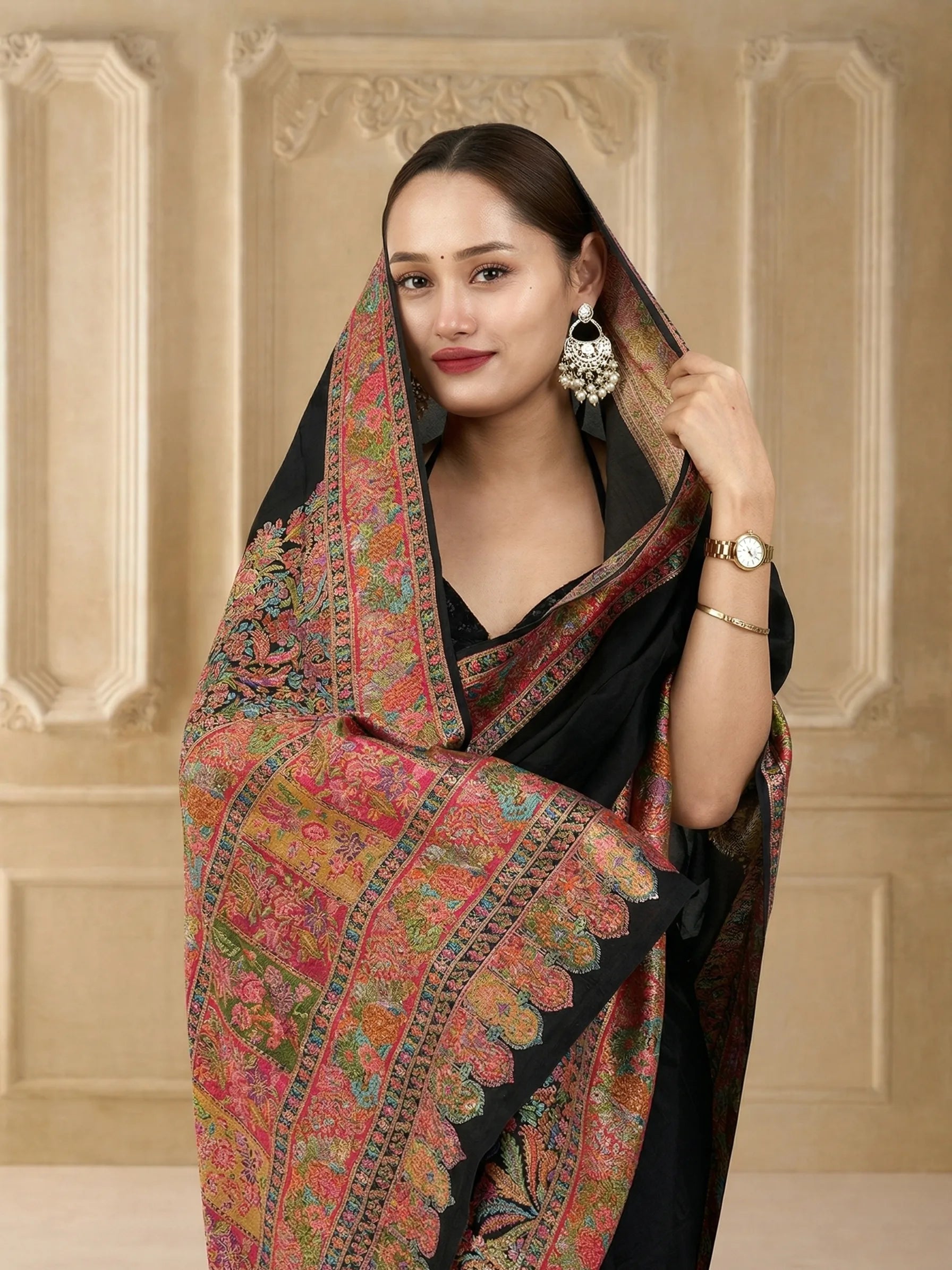 Black Pure Eri Silk Saree | Kashmiri Handloom Aari Embroidery Saree