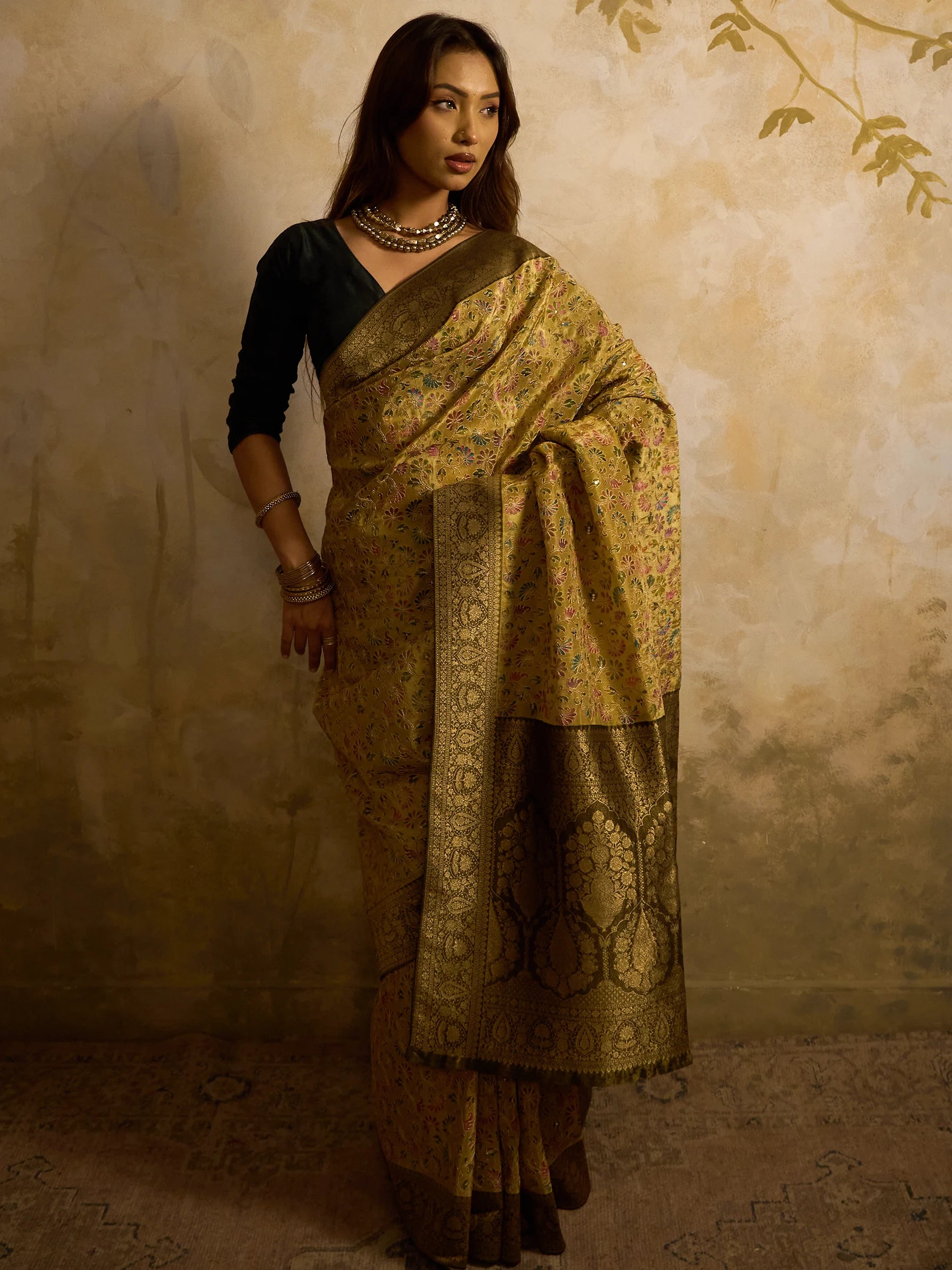 Green Bamboo Tissue Fusion Saree | Phulkari Print | Handcrafted Indian Wedding Saree