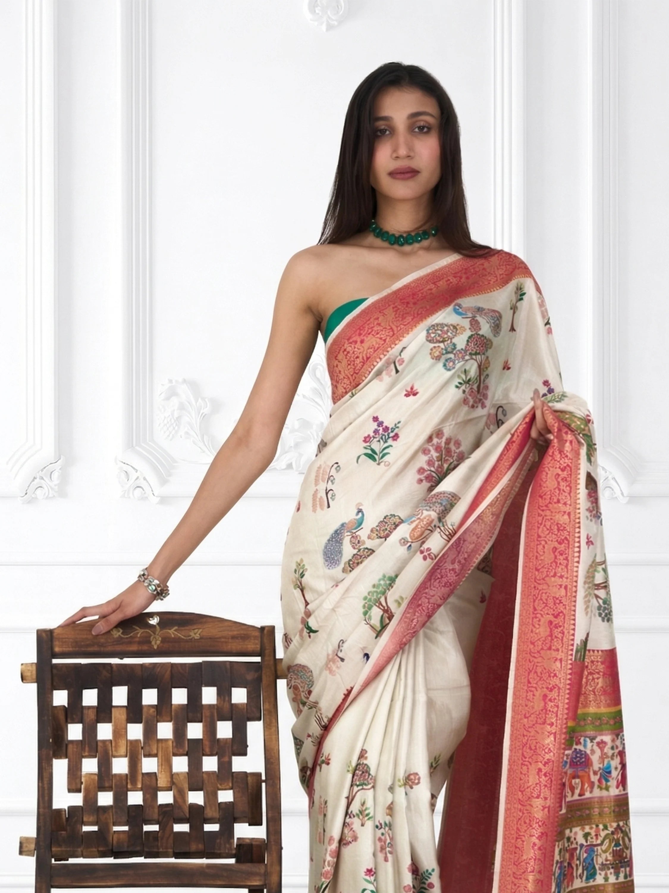 Ivory Kalamkari Silk Saree | Eri Silk Embroidered Saree | Floral Peacock Print Saree | Indian Wedding Saree