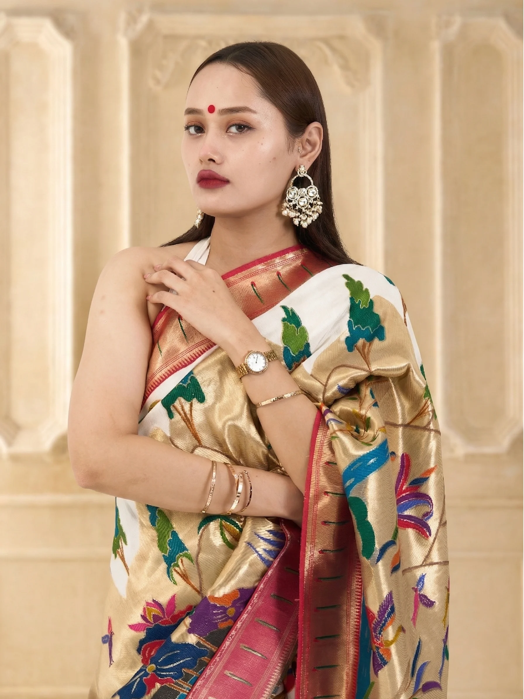Ivory Cream Eri Silk Paithani Saree | Madhubani Print Zardozi Embroidered Saree