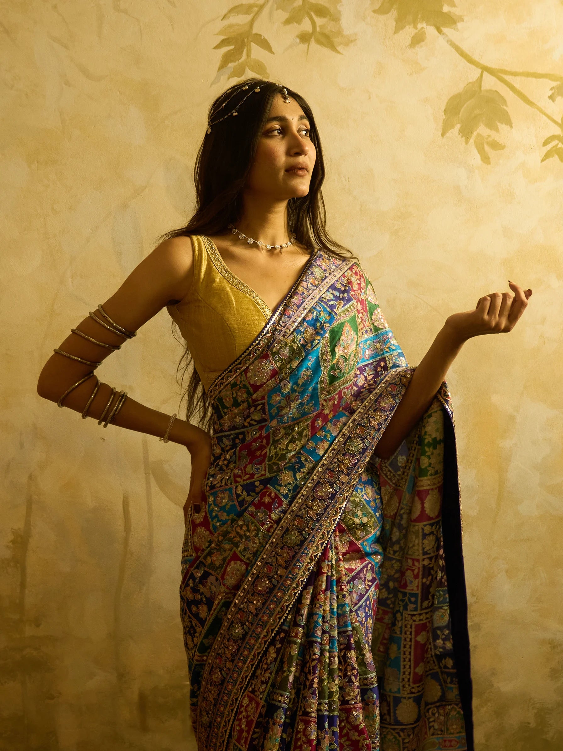 Multicolour Lotus Silk Designer Saree | Jamawar Saree | Handcrafted Indian Bridal Saree