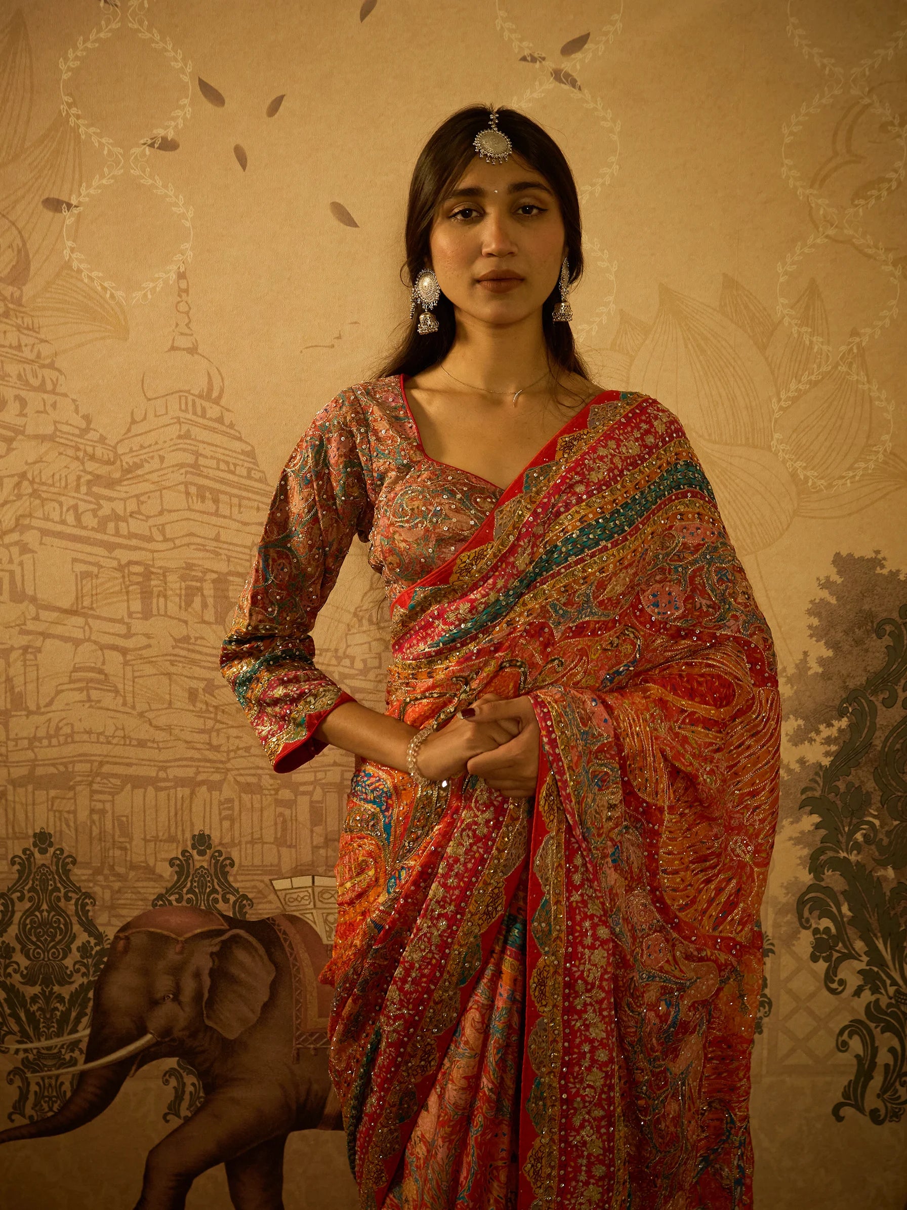 Multicolour Lotus Crepe Designer Saree | Jamawar Saree | Handcrafted Indian Bridal Saree