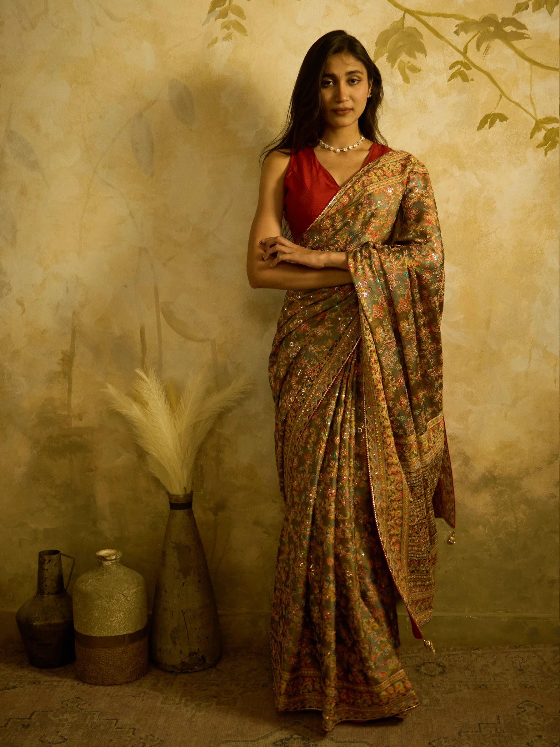 Green Lotus Silk Fusion Saree | Jamawar Print Saree | Designer floral Saree