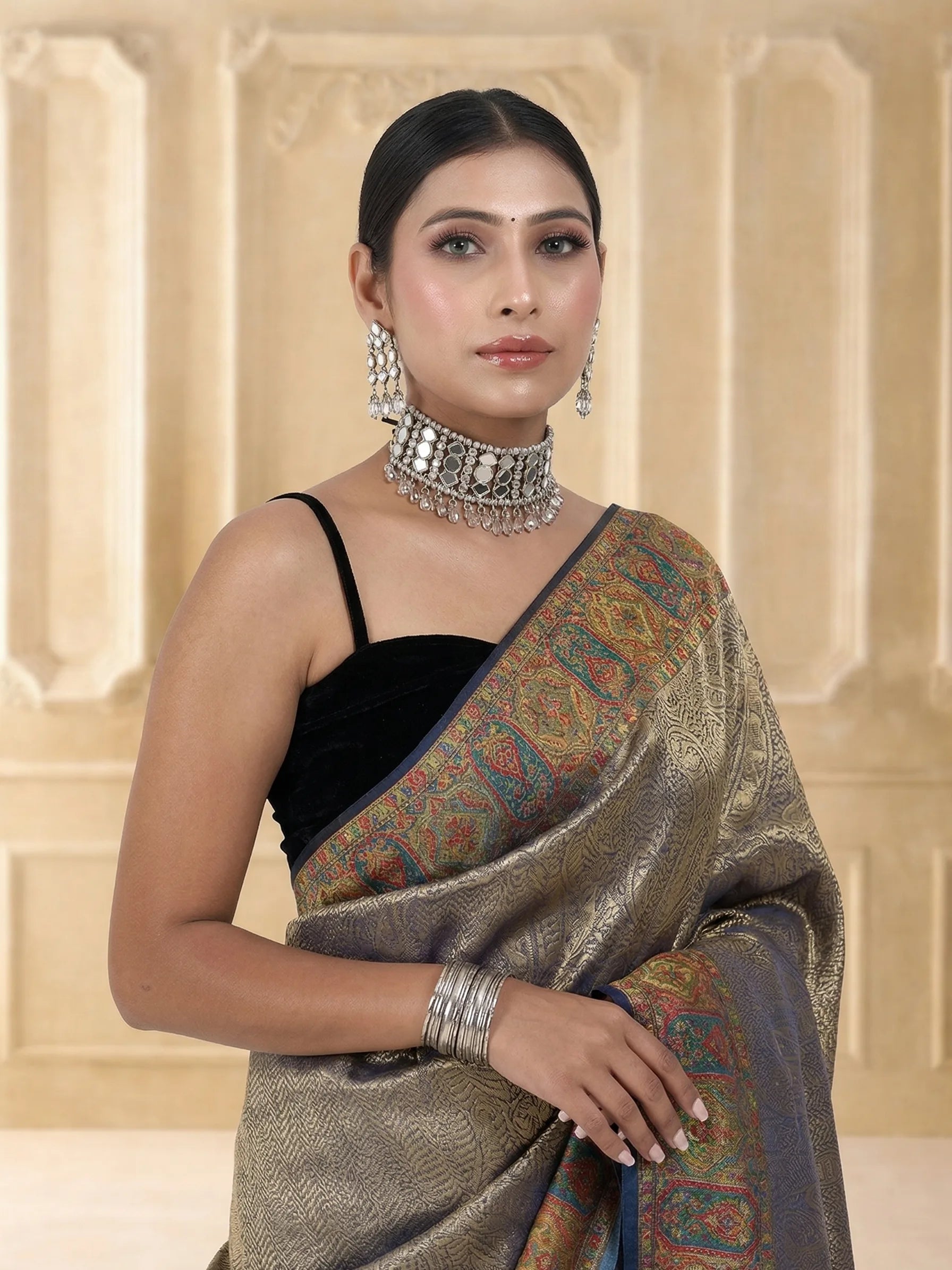 Champagne Gold Banarasi Eri Silk Saree | Paisley Ambi Brocade Zari Work