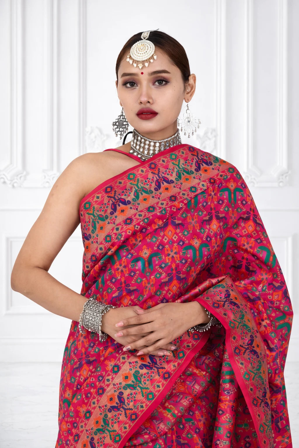 Hot Pink Patola Silk Saree | Kashmiri Ikat Print Saree | Block Print Silk Saree