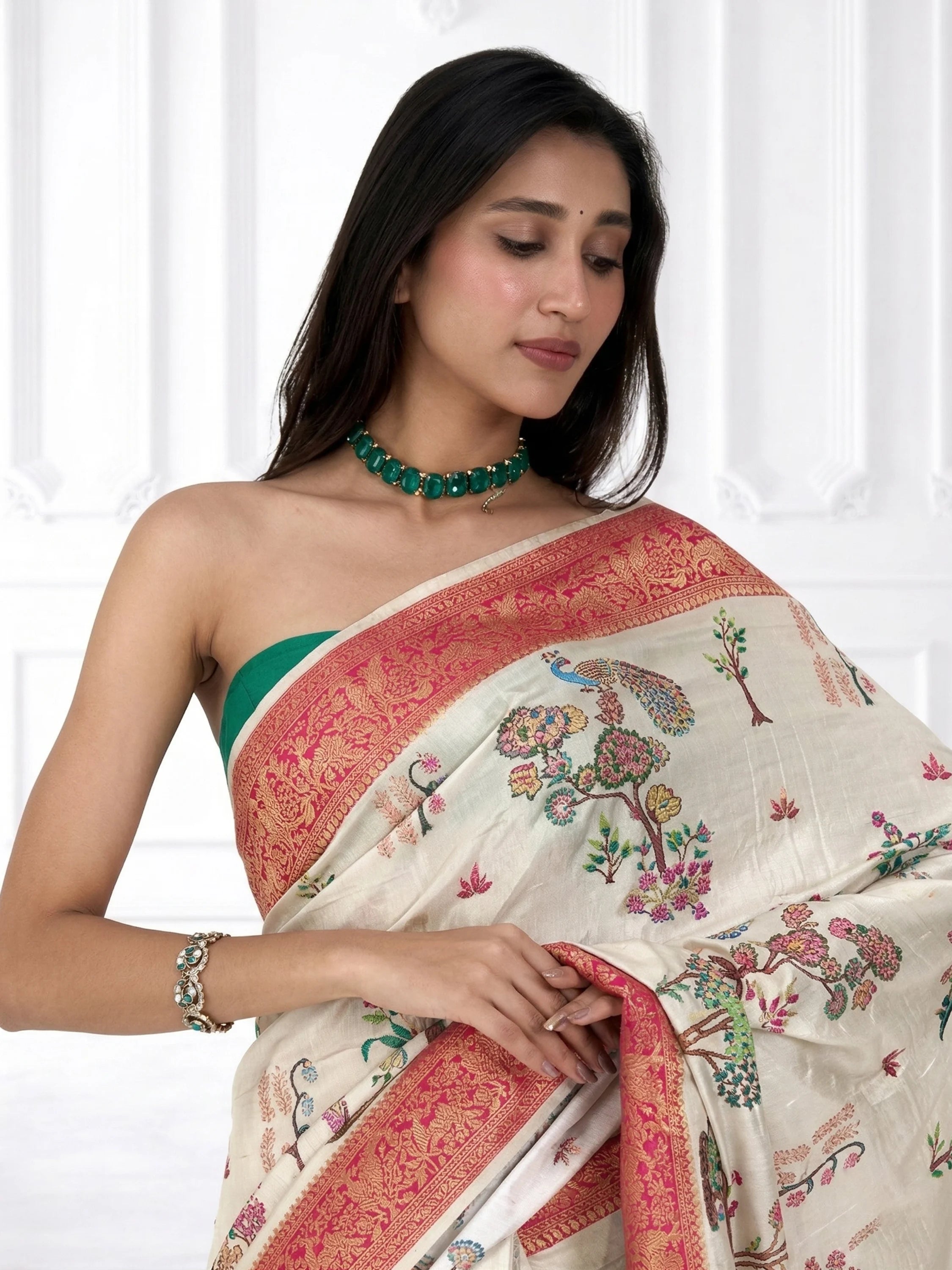 Ivory Kalamkari Silk Saree | Eri Silk Embroidered Saree | Floral Peacock Print Saree | Indian Wedding Saree