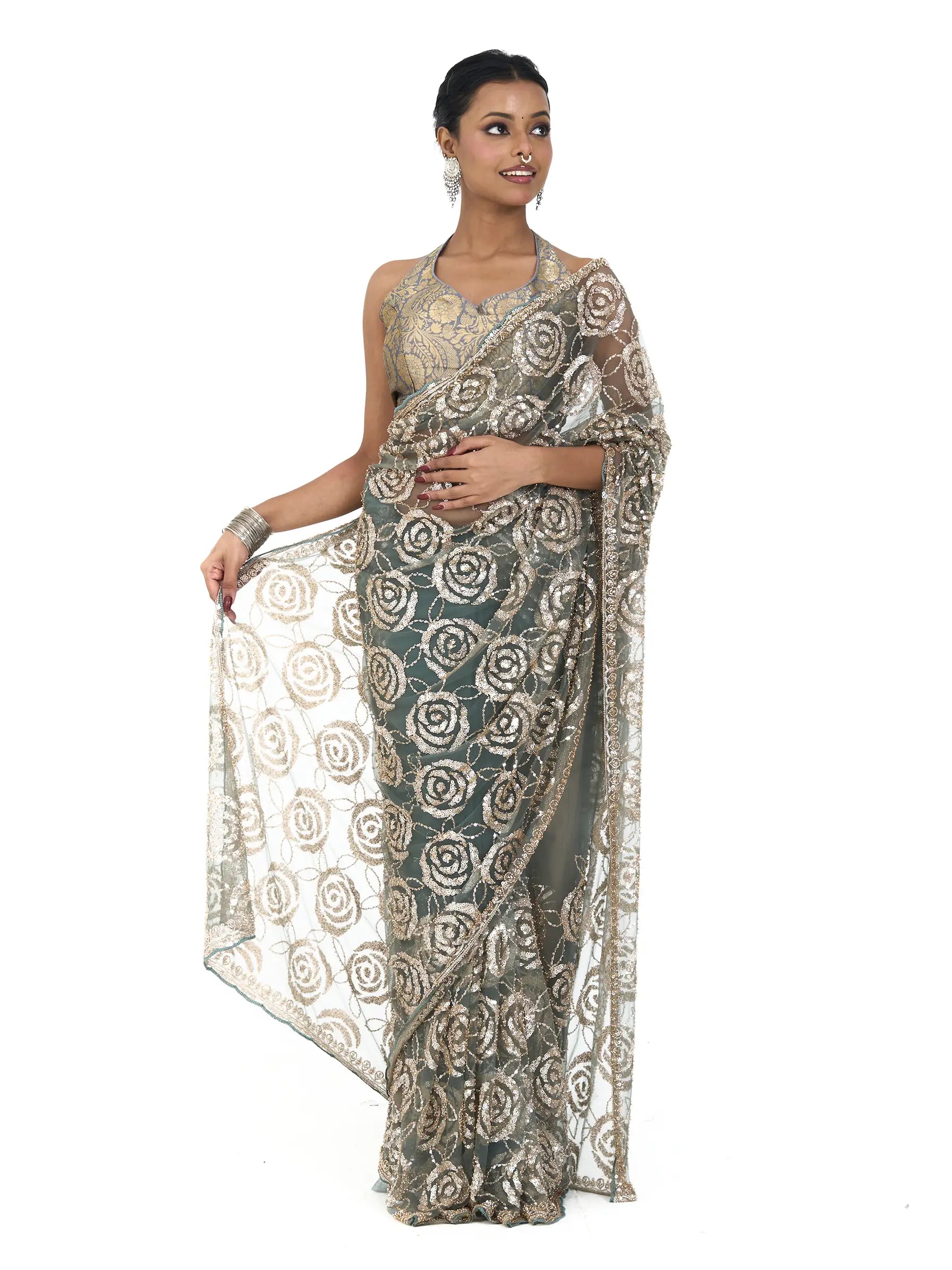Green Bamboo Net Saree | Rose Gold Sequin Embroidered Floral Saree