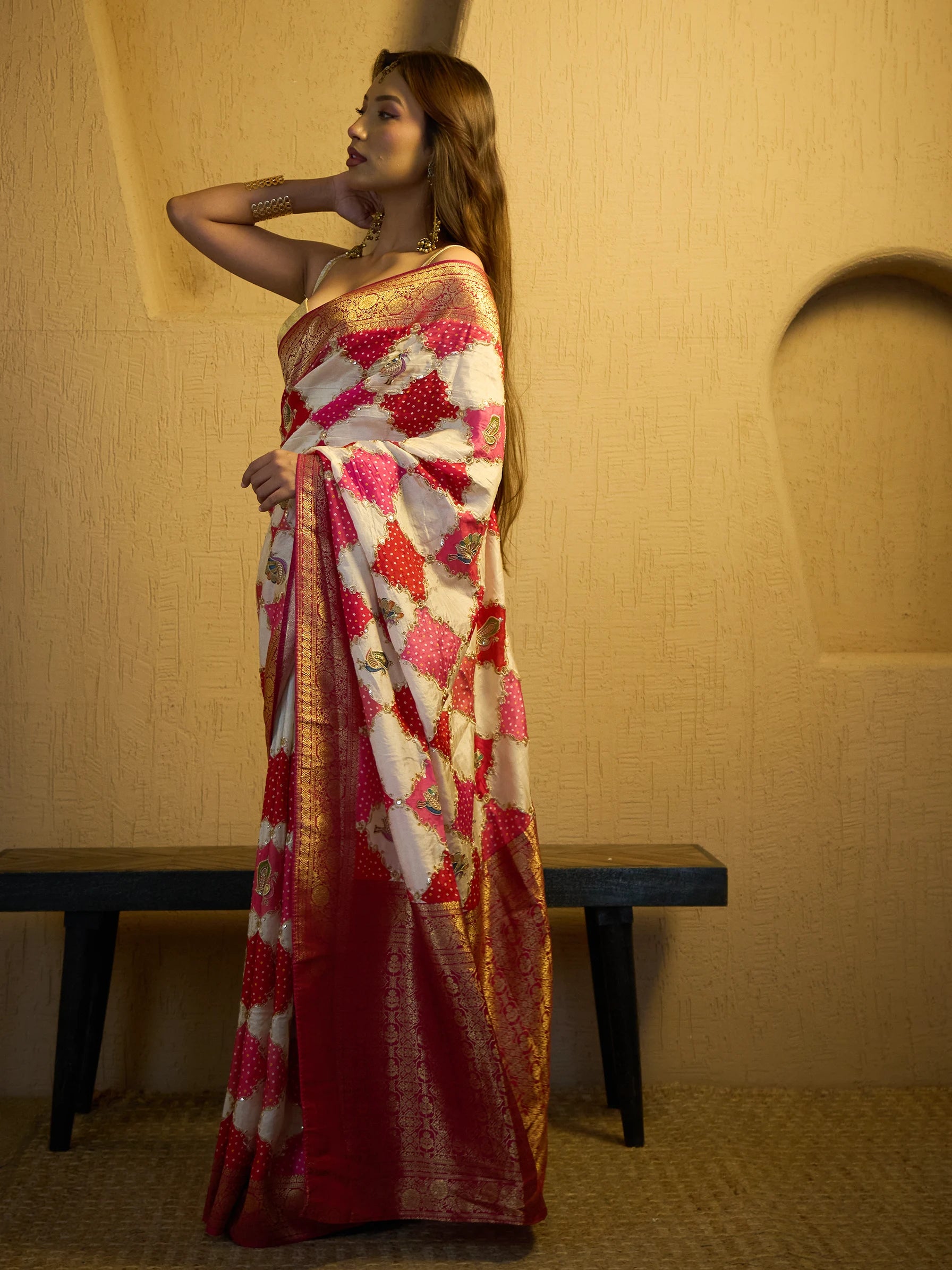 Rajwada Bandhani Saree | Pink Muga Silk Saree  | Wedding Saree