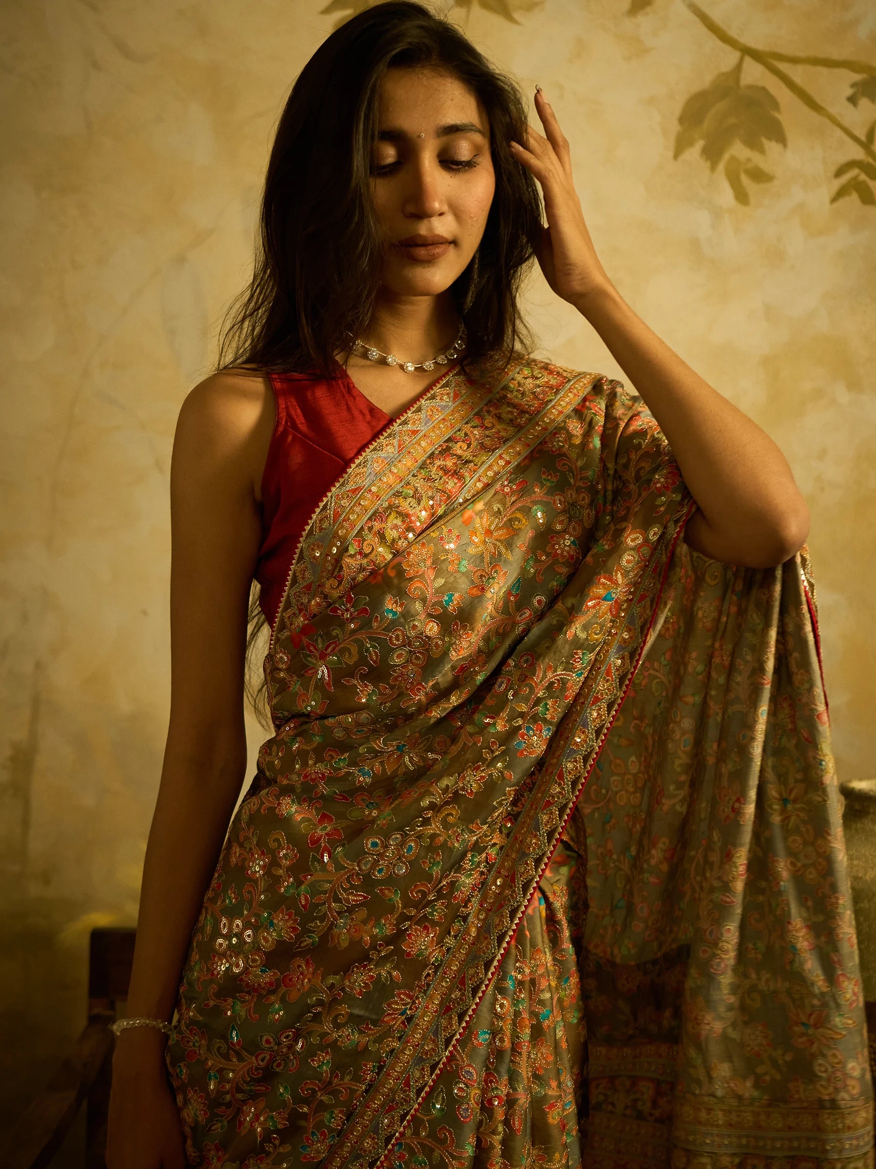 Green Lotus Silk Fusion Saree | Jamawar Print Saree | Designer floral Saree