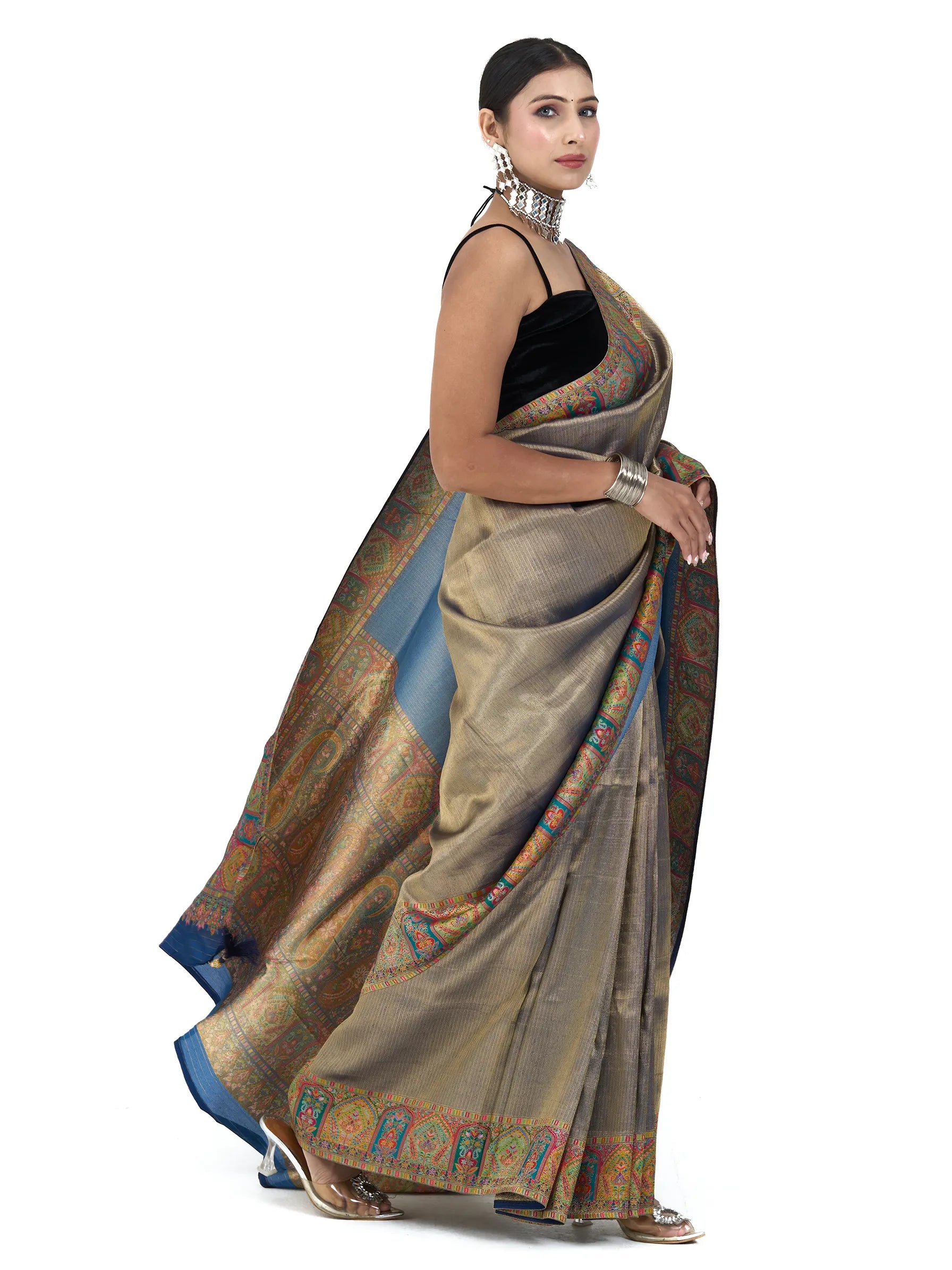 Champagne Gold Banarasi Eri Silk Saree | Paisley Ambi Brocade Zari Work