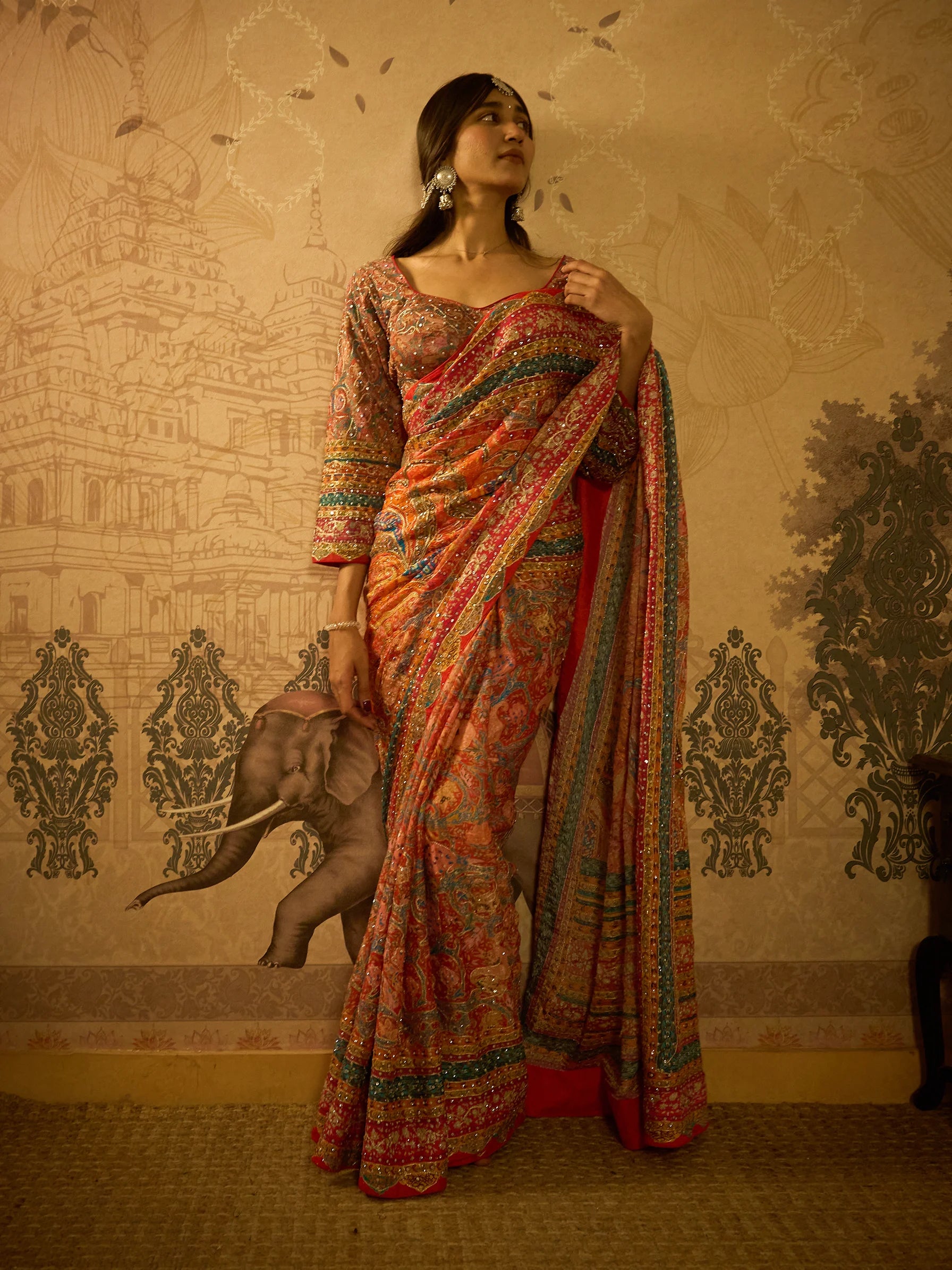 Multicolour Lotus Crepe Designer Saree | Jamawar Saree | Handcrafted Indian Bridal Saree
