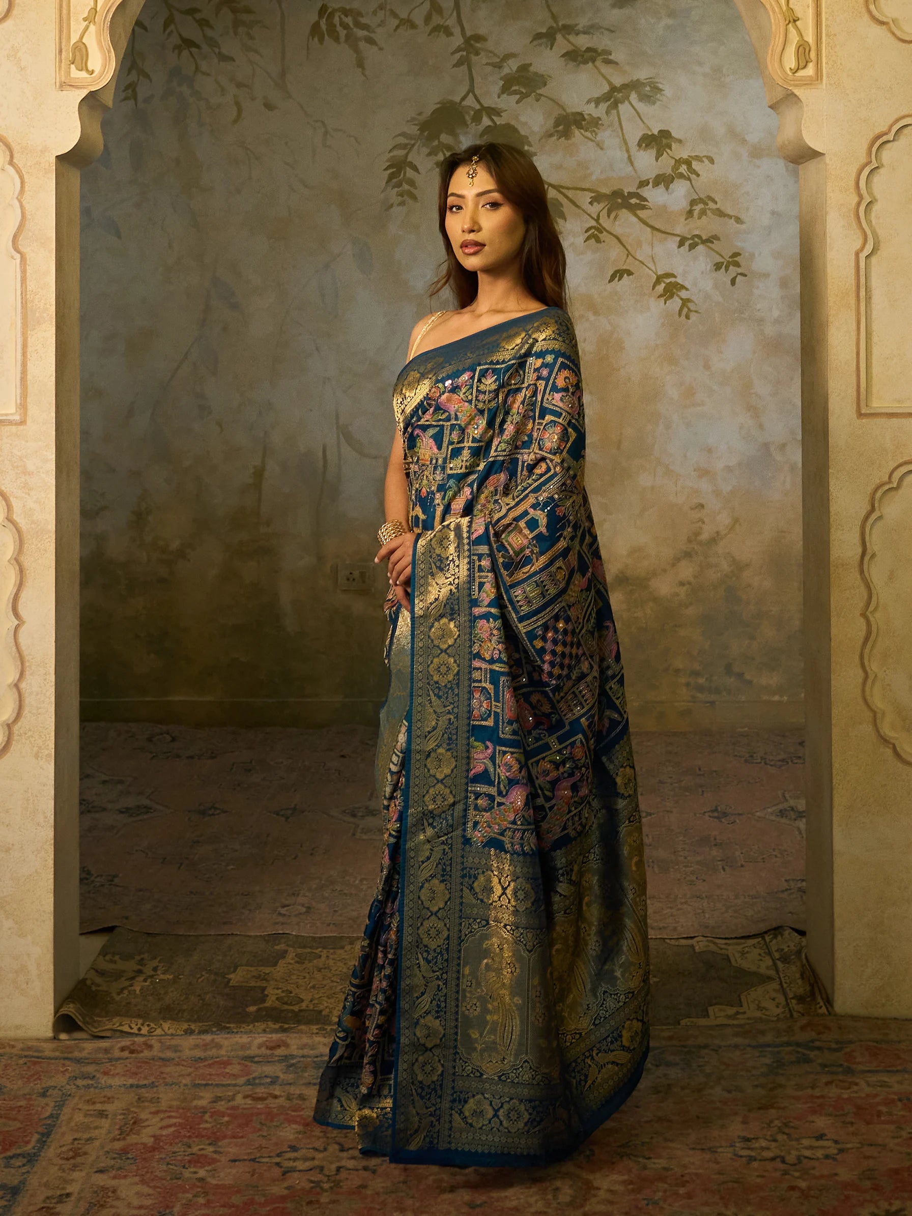 Blue Muga Silk Fusion Saree | Peacock Print Saree | Wedding Saree