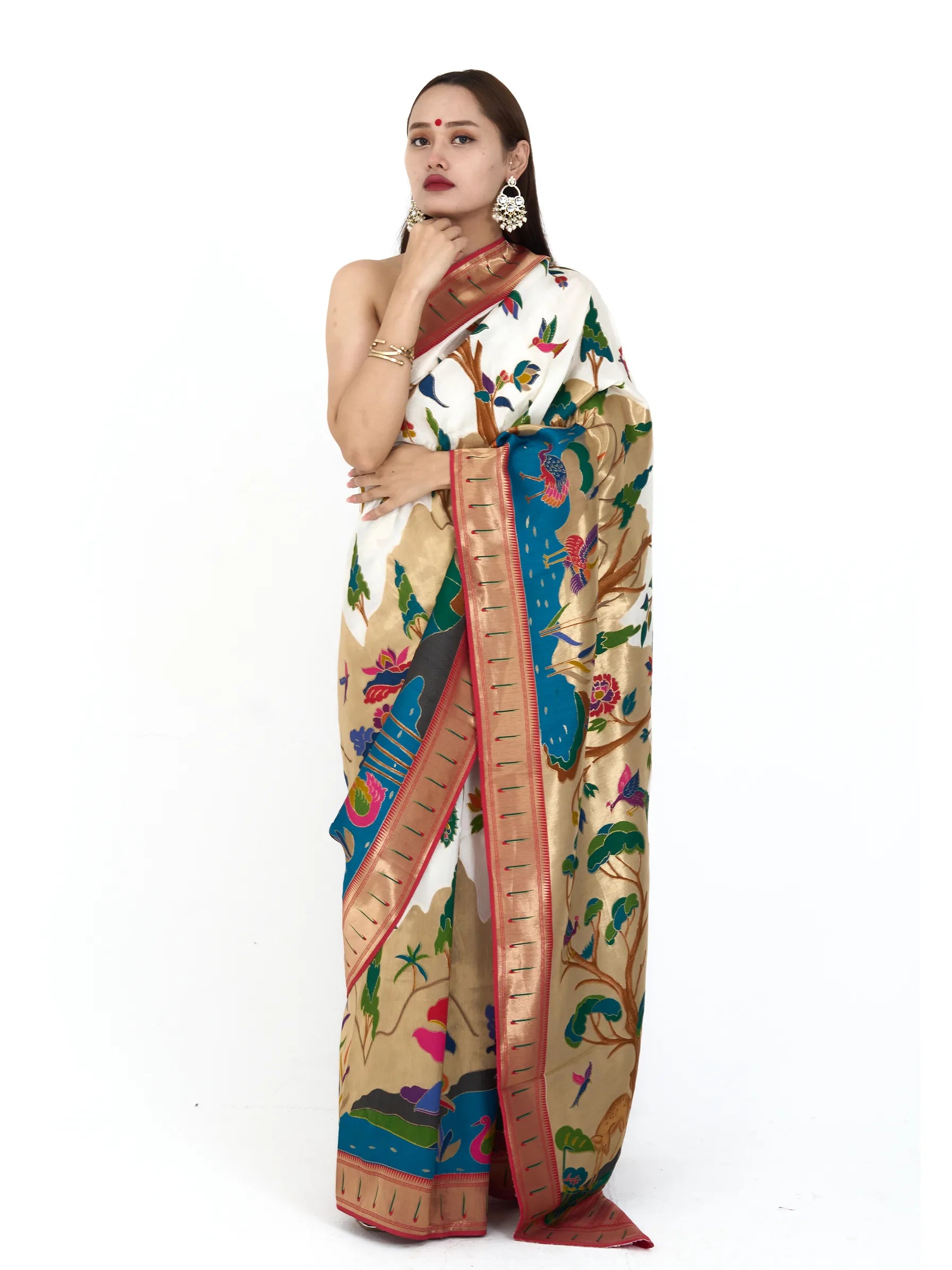 Ivory Cream Eri Silk Paithani Saree | Madhubani Print Zardozi Embroidered Saree