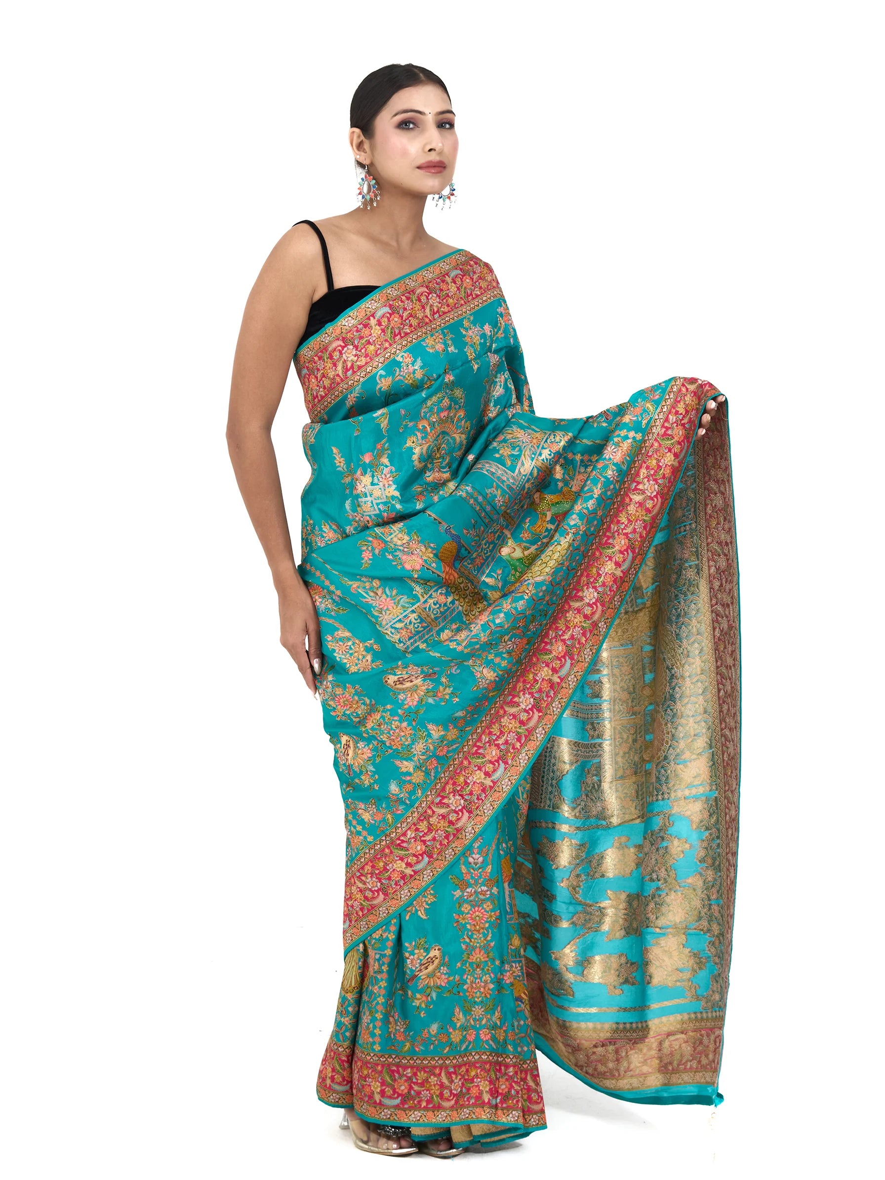 Rajwada Print Pure Eri Vegan Silk Saree | Kalamkari Zardozi Embroidered Blue Saree