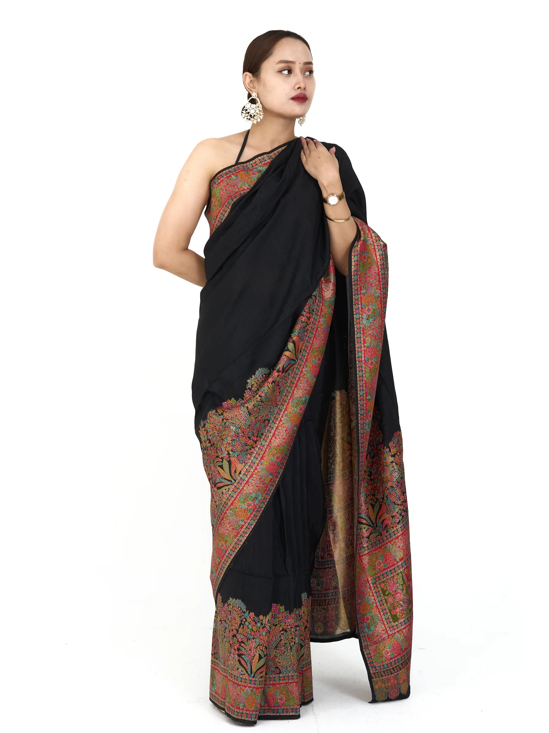 Black Pure Eri Silk Saree | Kashmiri Handloom Aari Embroidery Saree