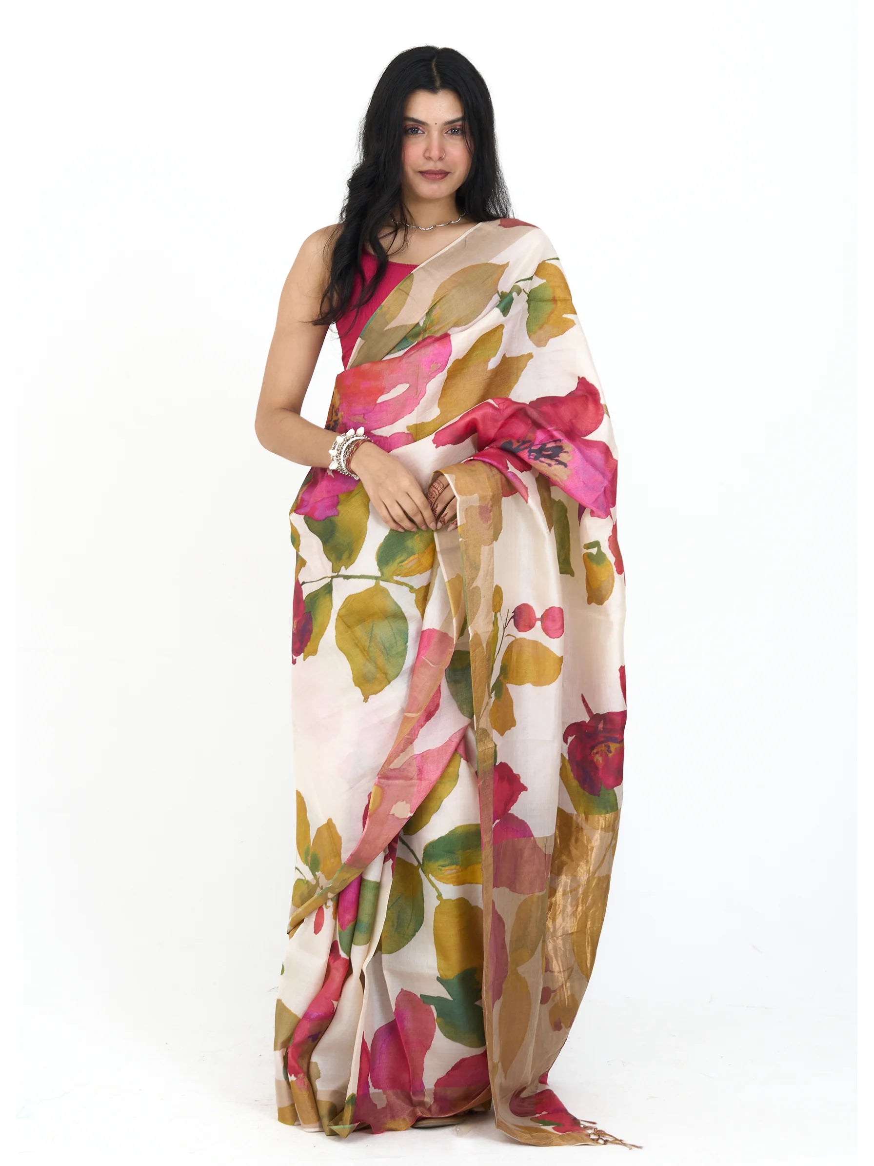 Ivory Tussar Silk Saree | Watercolor Floral Digital Print