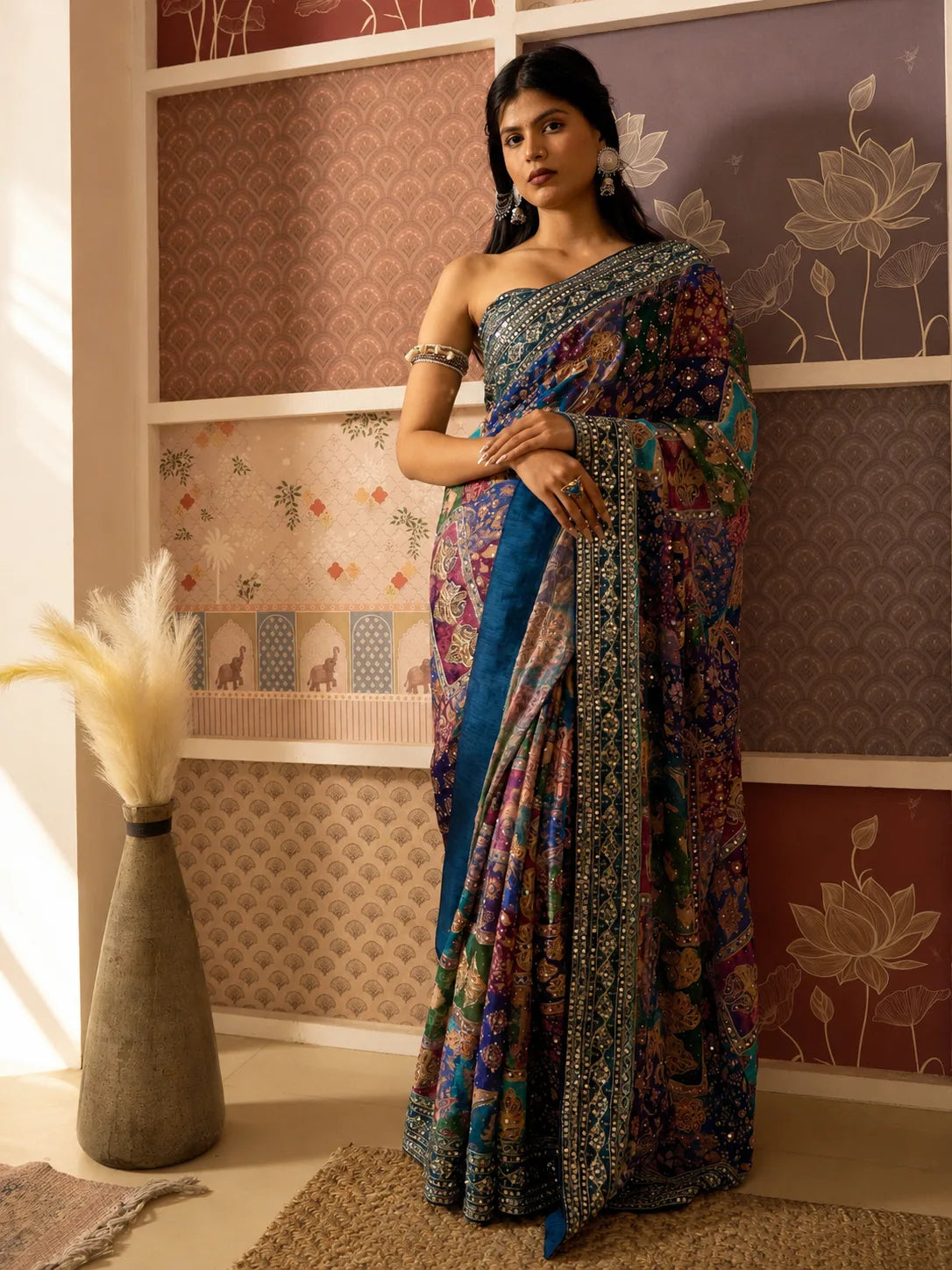Blue Lotus Crepe Designer Saree | Indian Bridal Saree