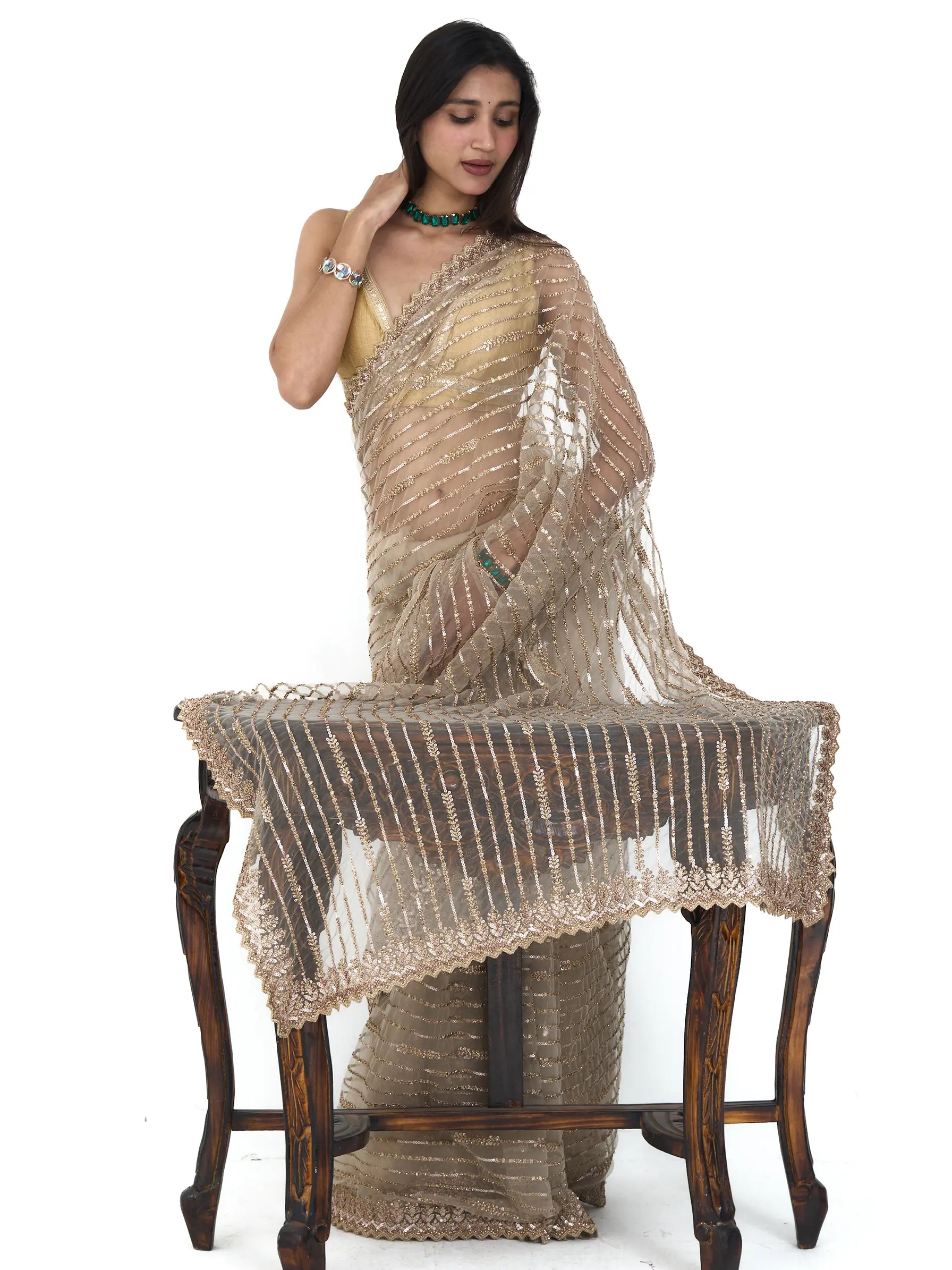 Gold Bamboo Net Embroidery Saree | Leheriya Saree with Sequins & Zardozi Work