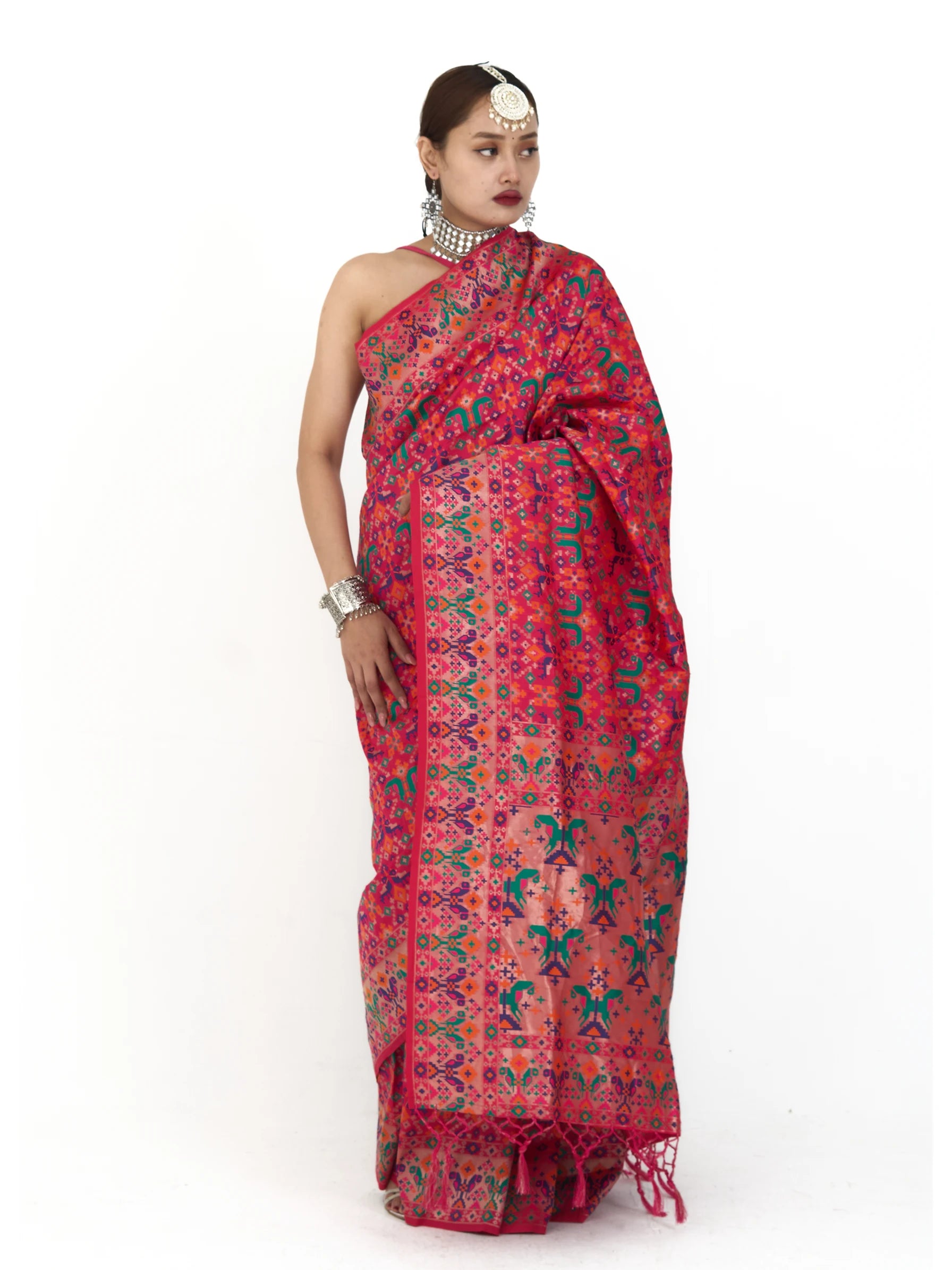 Hot Pink Patola Silk Saree | Kashmiri Ikat Print Saree | Block Print Silk Saree