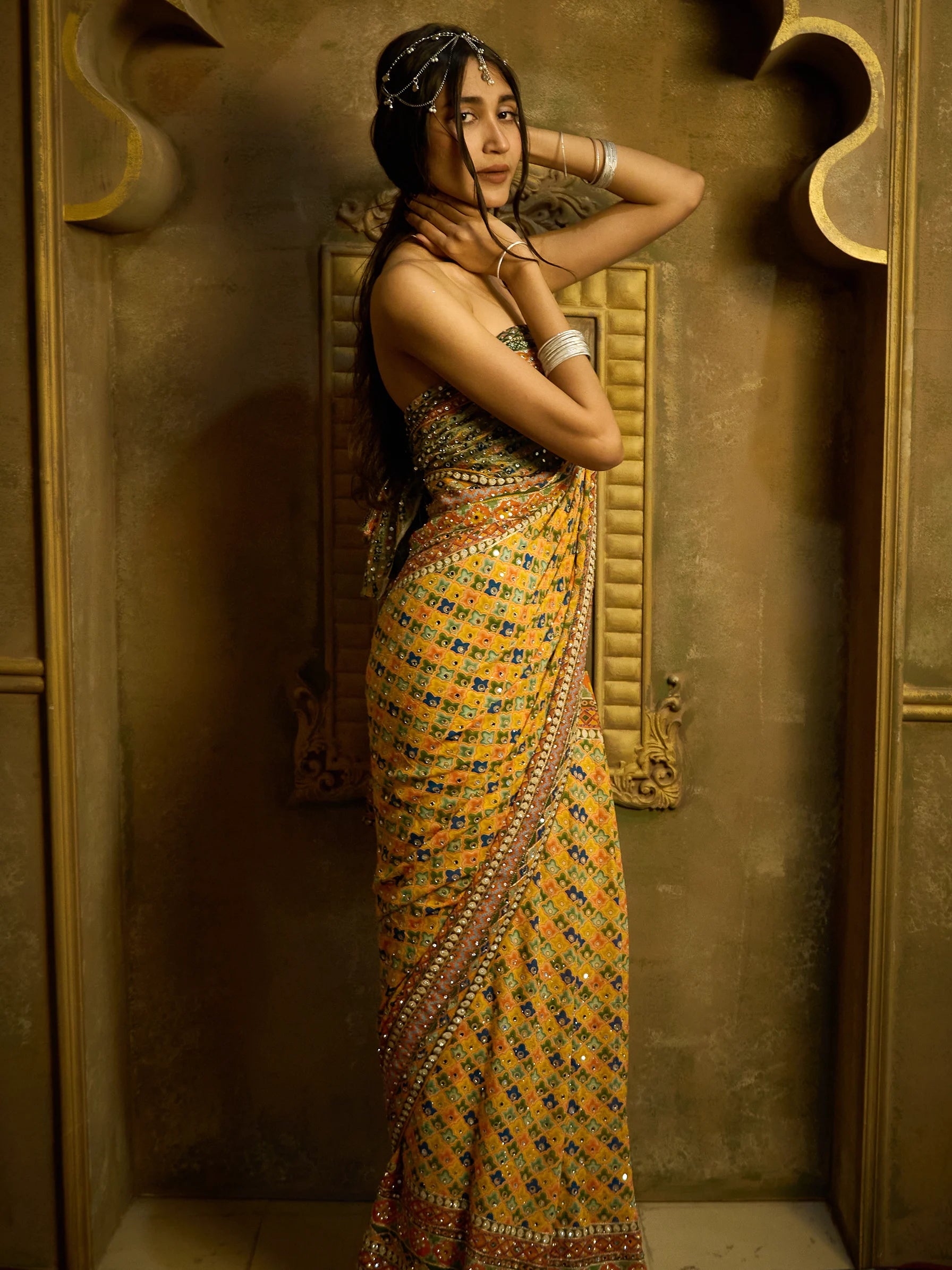 Yellow Lotus Crepe Fusion Saree | Ajrakh Mirror Work saree | Handcrafted Indian Saree