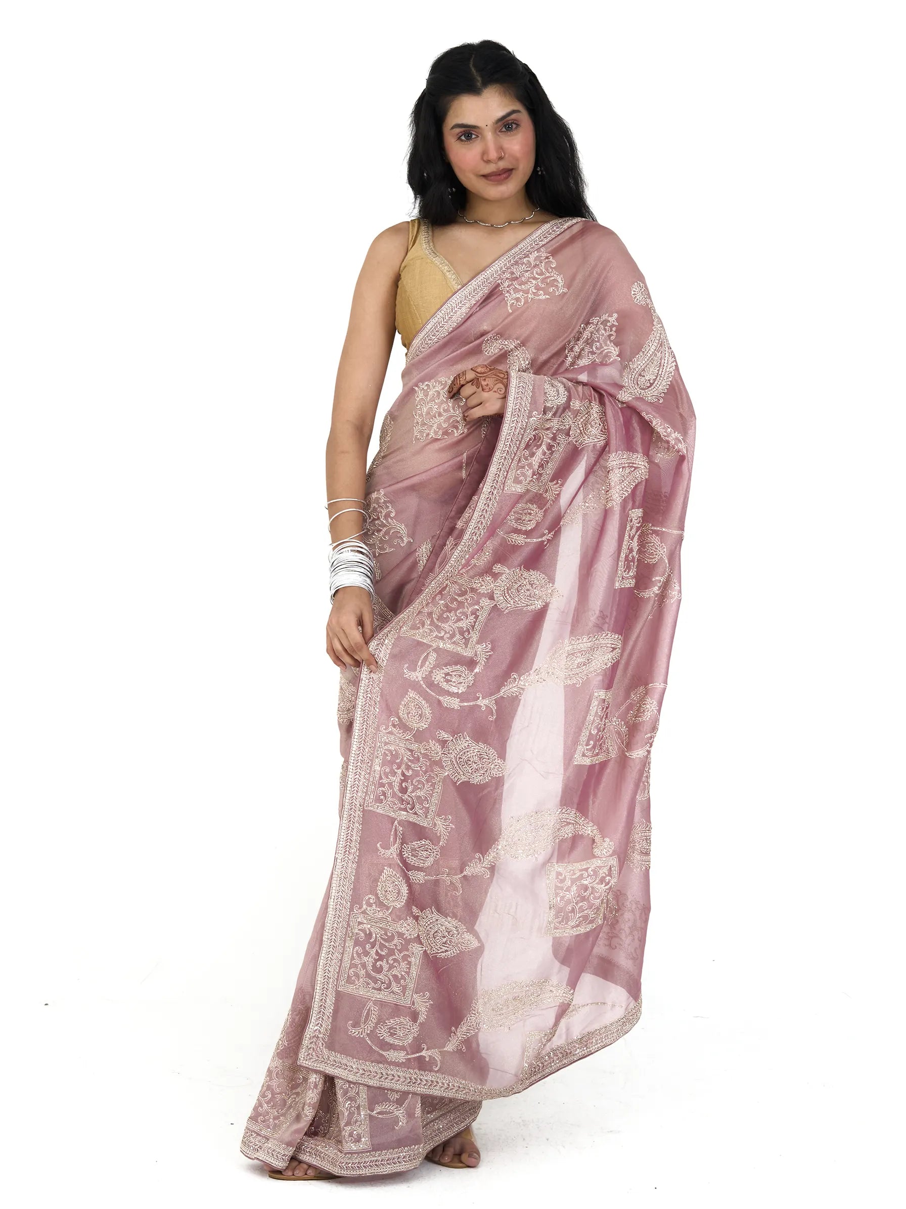 Pink Tissue Silk Saree | Zardozi Embroidered Phulkari Saree