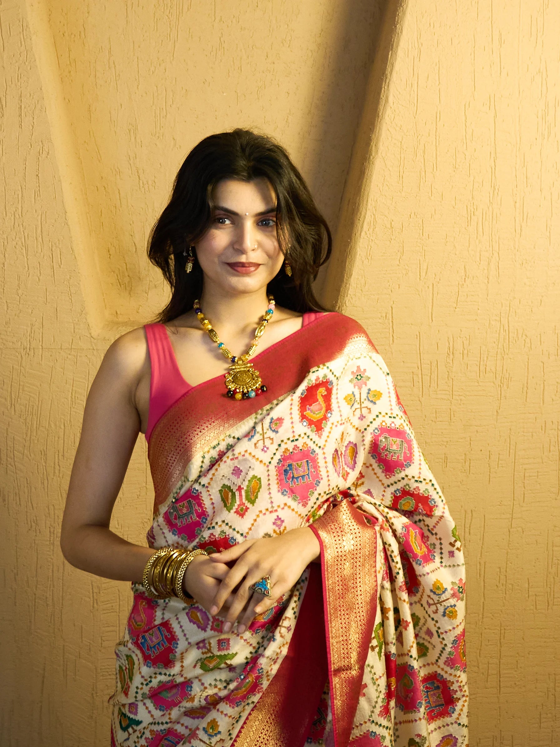 Ivory Muga Silk Patola Saree | Ikat Pattern Saree | Wedding Saree