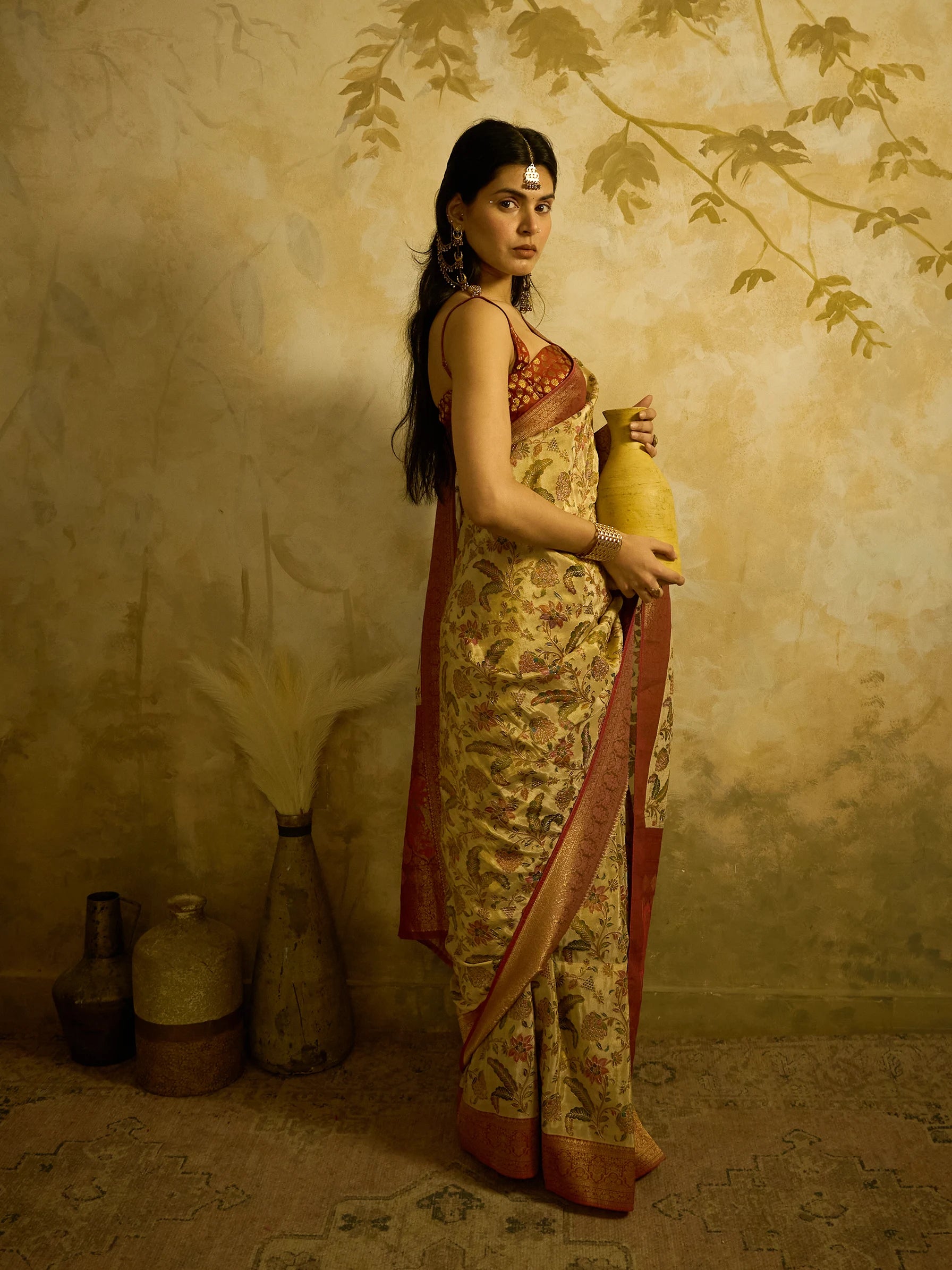 Gold Bamboo Tissue Fusion Saree | Jamawar Print Saree | Handcrafted Indian Bridal Saree
