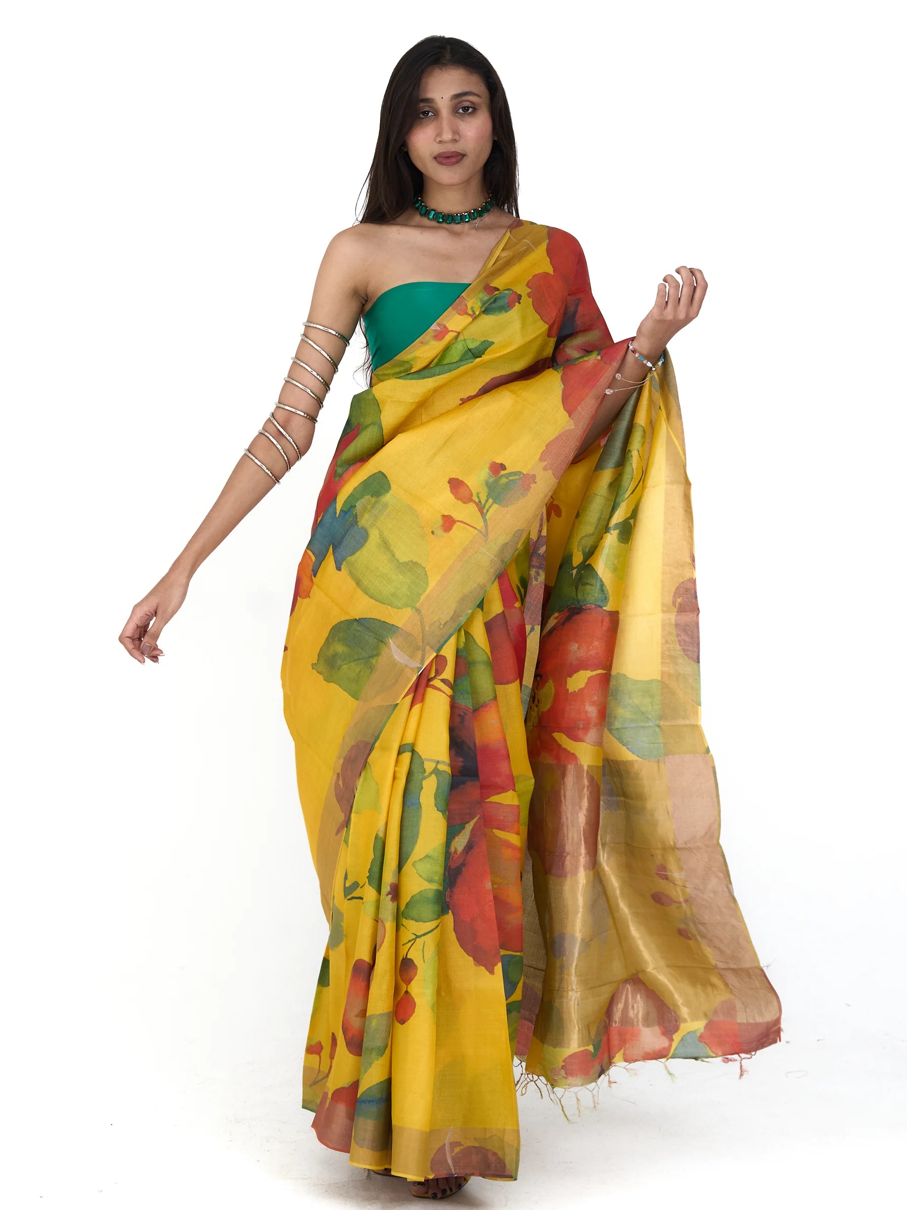 Yellow Tussar Silk Saree | Floral Block Print Phulkari Saree