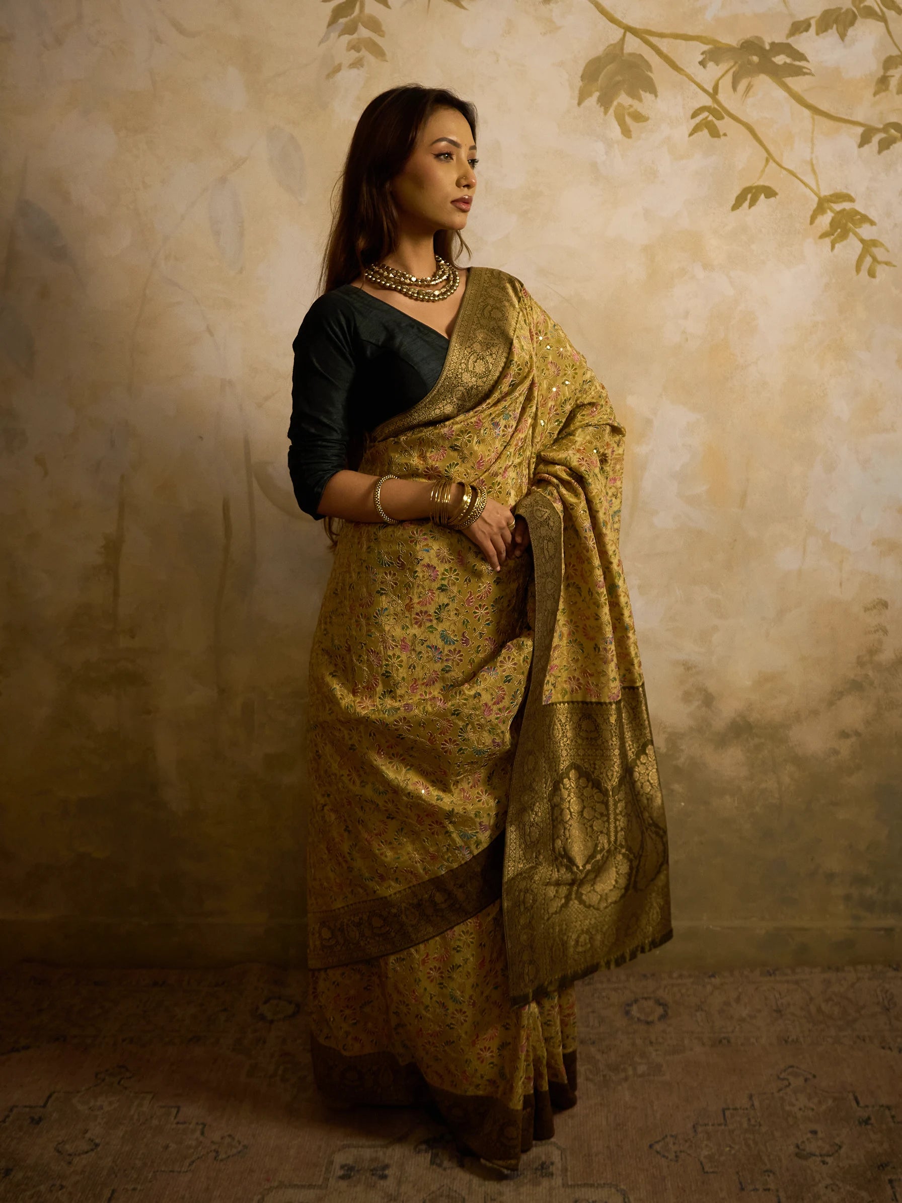 Green Bamboo Tissue Fusion Saree | Phulkari Print | Handcrafted Indian Wedding Saree