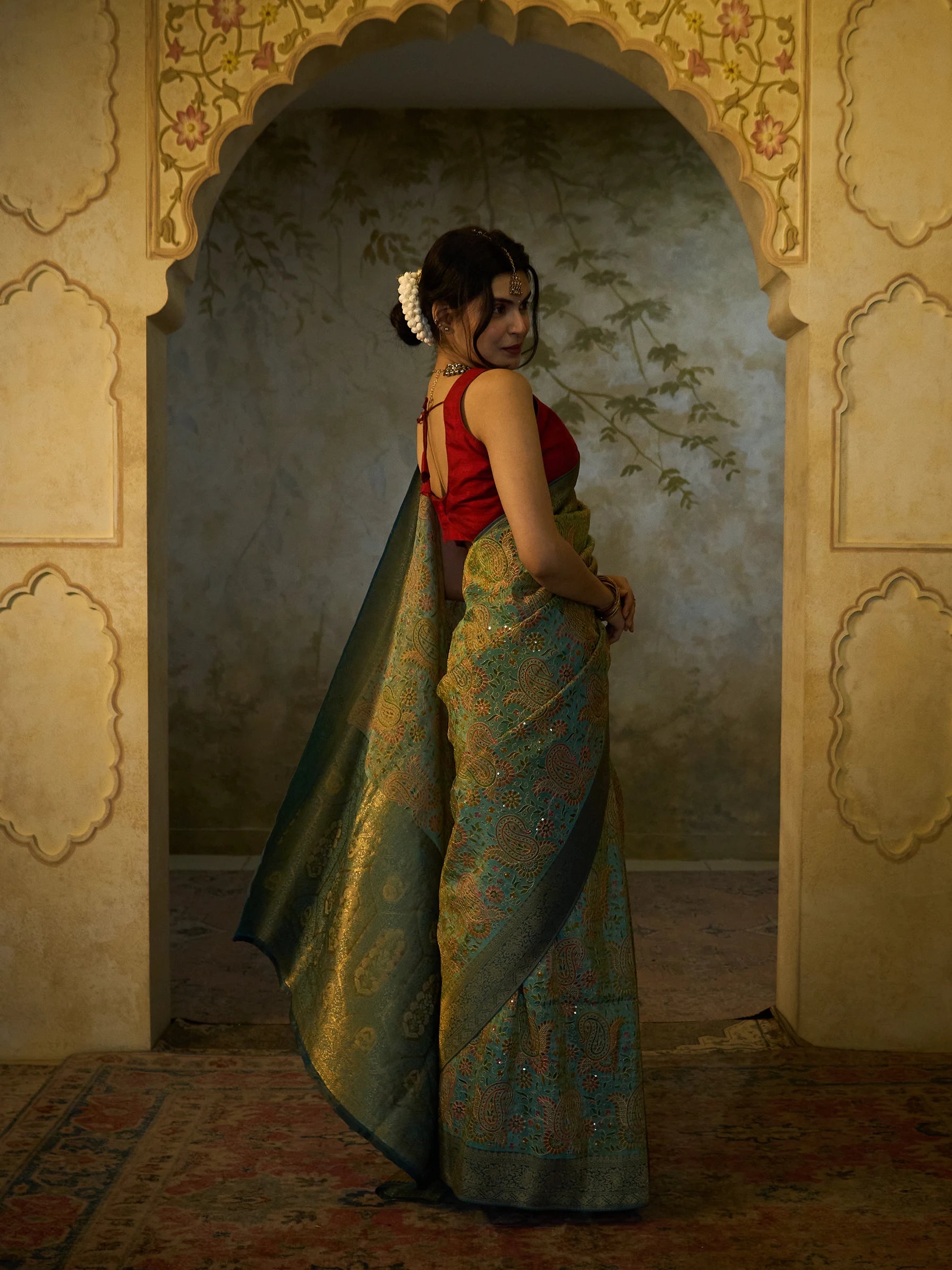 Blue Bamboo Tissue Fusion Saree | Jamawar Print Saree | Handloom Indian Saree