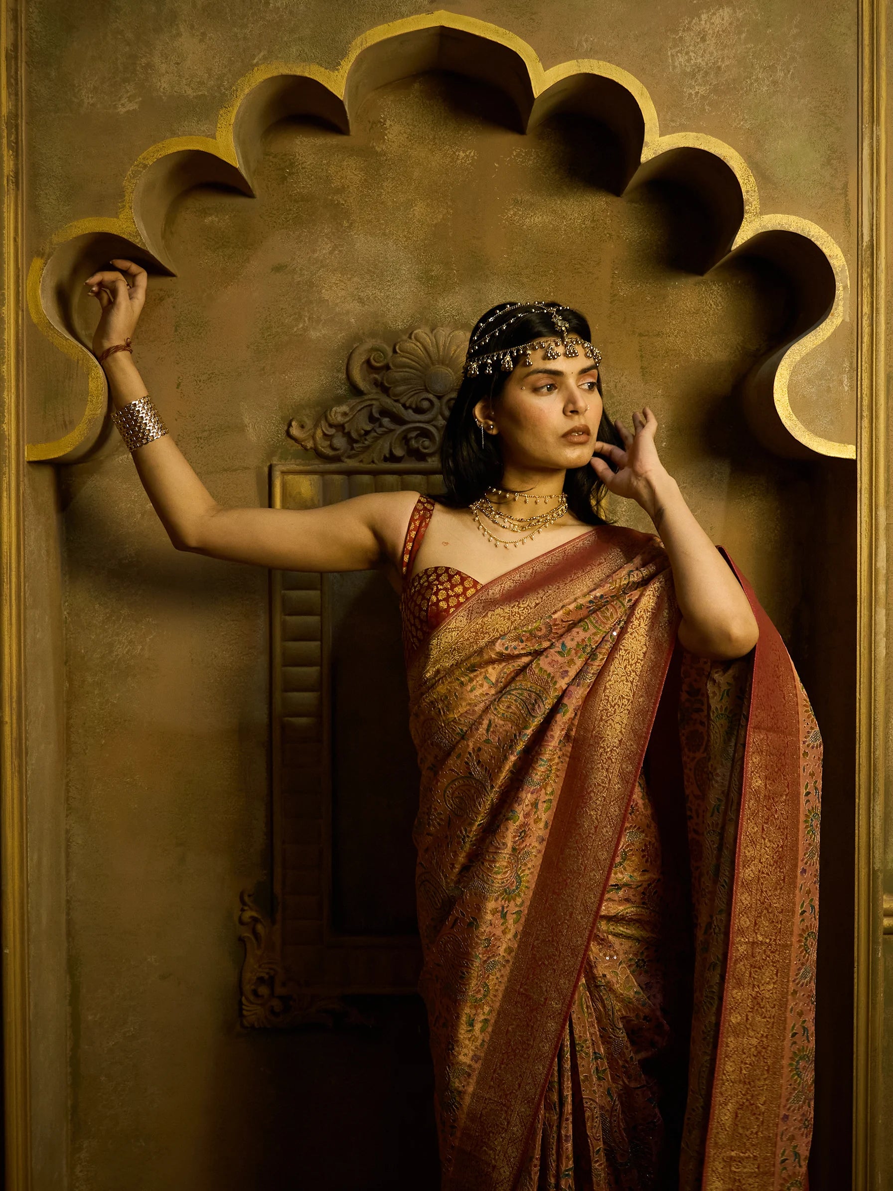 Pink Bamboo Tissue Fusion Saree | Jamawar Print Saree | Handcrafted Indian Bridal Saree
