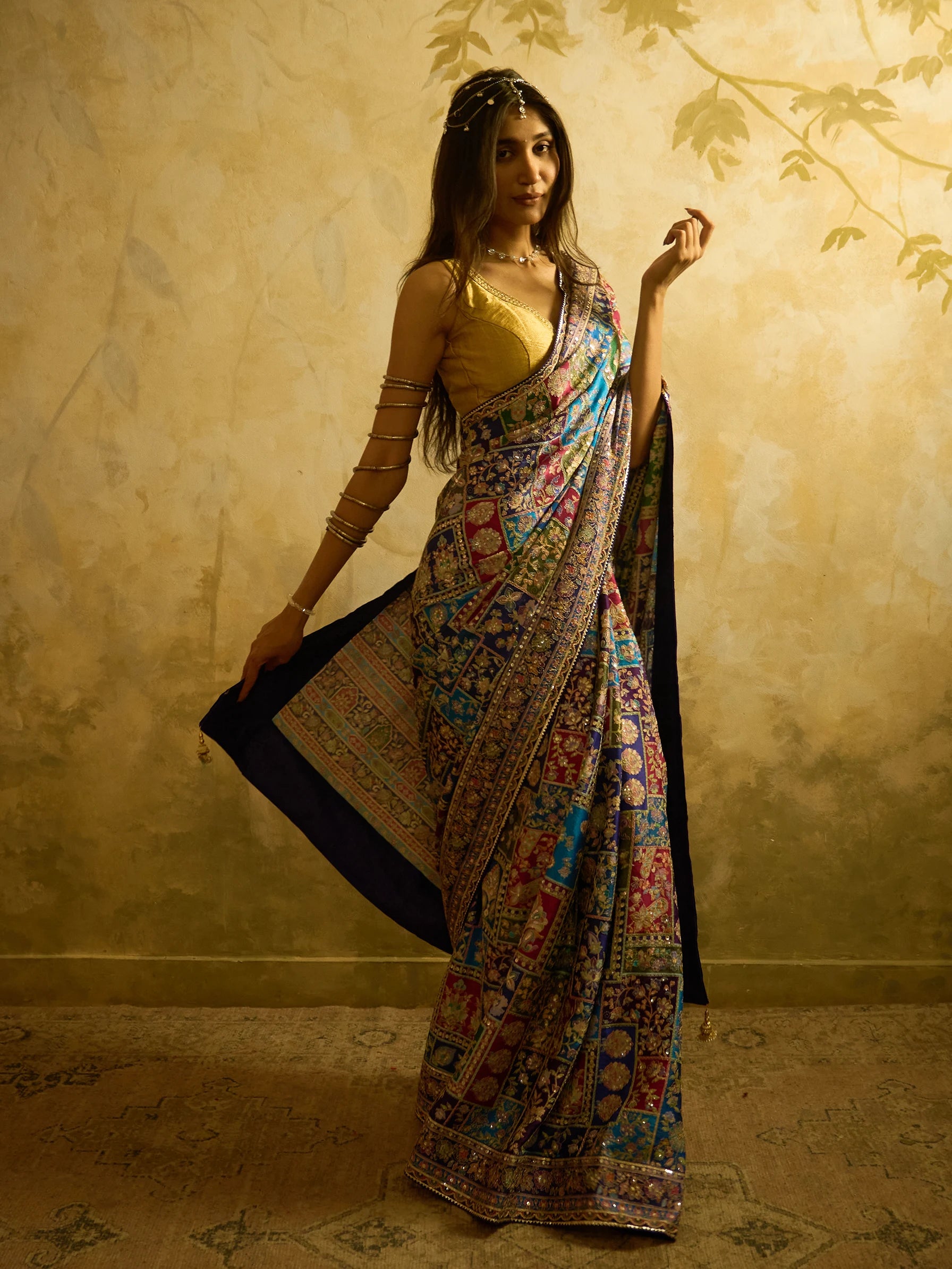 Multicolour Lotus Silk Designer Saree | Jamawar Saree | Handcrafted Indian Bridal Saree