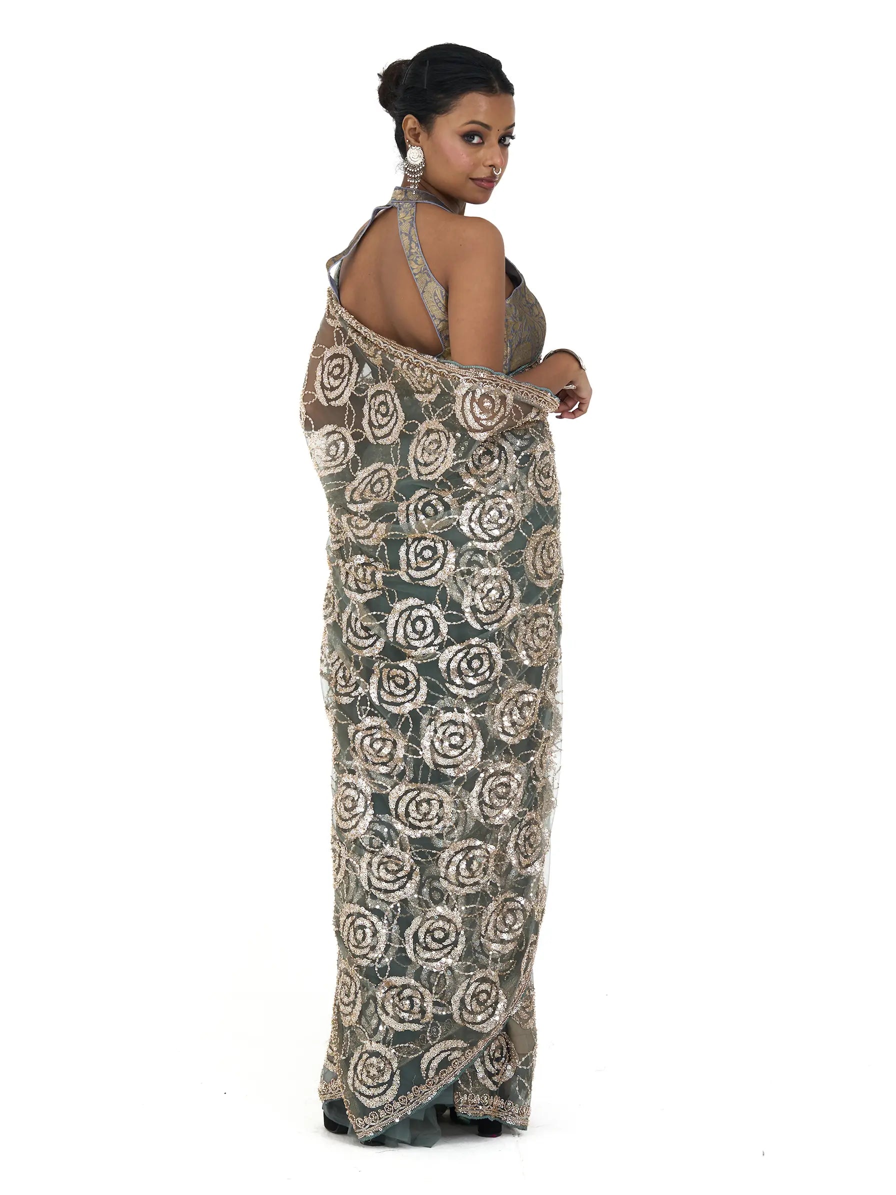 Green Bamboo Net Saree | Rose Gold Sequin Embroidered Floral Saree