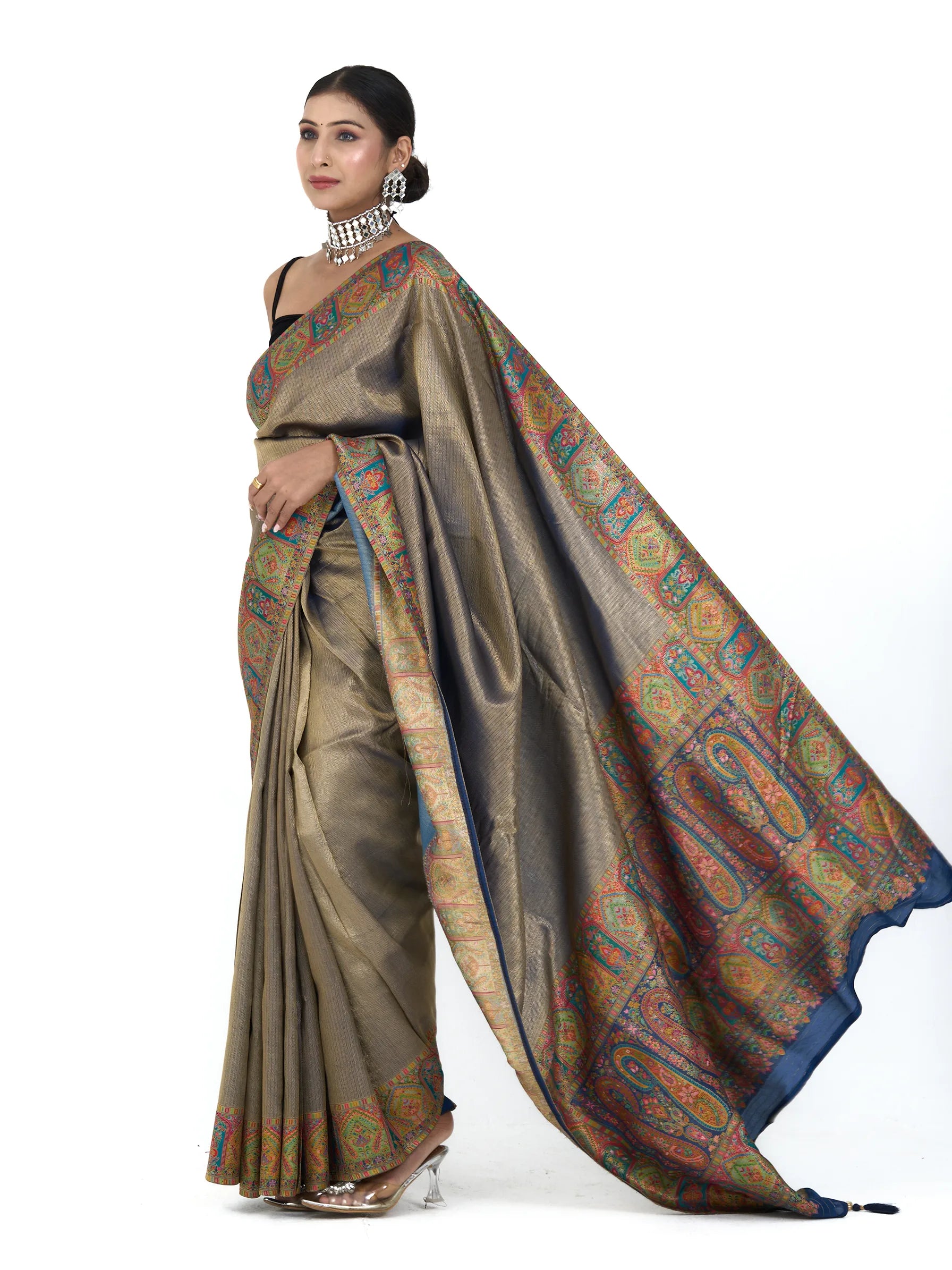 Champagne Gold Banarasi Eri Silk Saree | Paisley Ambi Brocade Zari Work