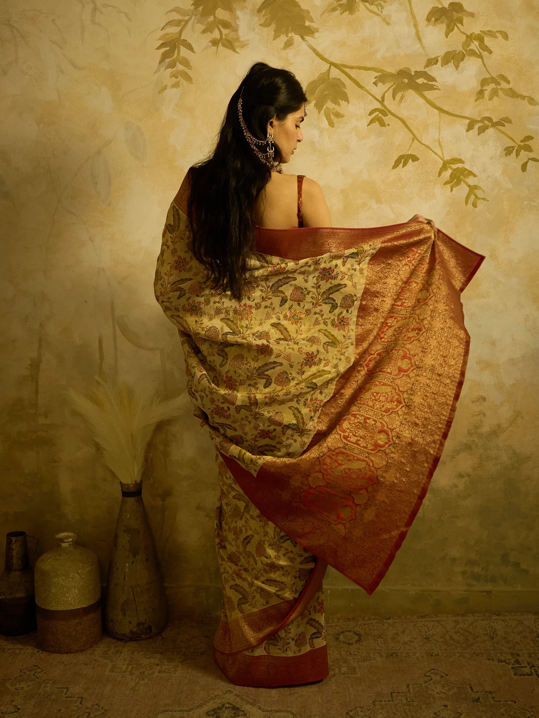 Gold Bamboo Tissue Fusion Saree | Jamawar Print Saree | Handcrafted Indian Bridal Saree