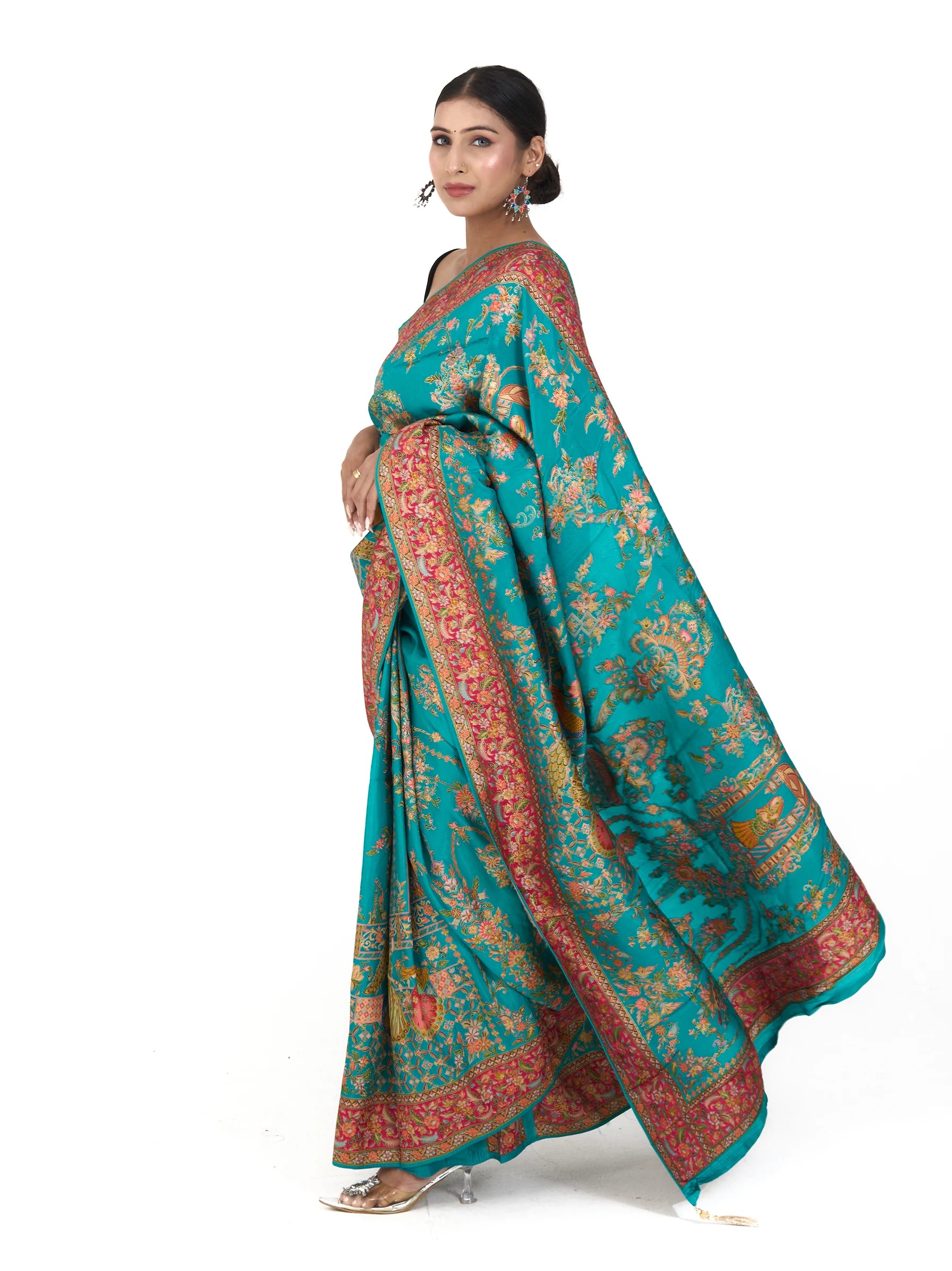 Rajwada Print Pure Eri Vegan Silk Saree | Kalamkari Zardozi Embroidered Blue Saree
