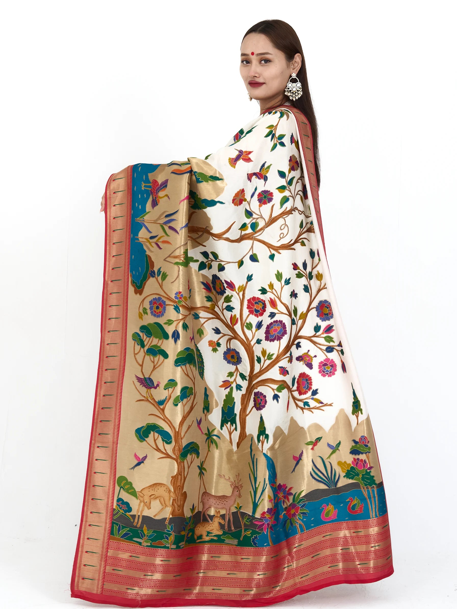 Ivory Cream Eri Silk Paithani Saree | Madhubani Print Zardozi Embroidered Saree