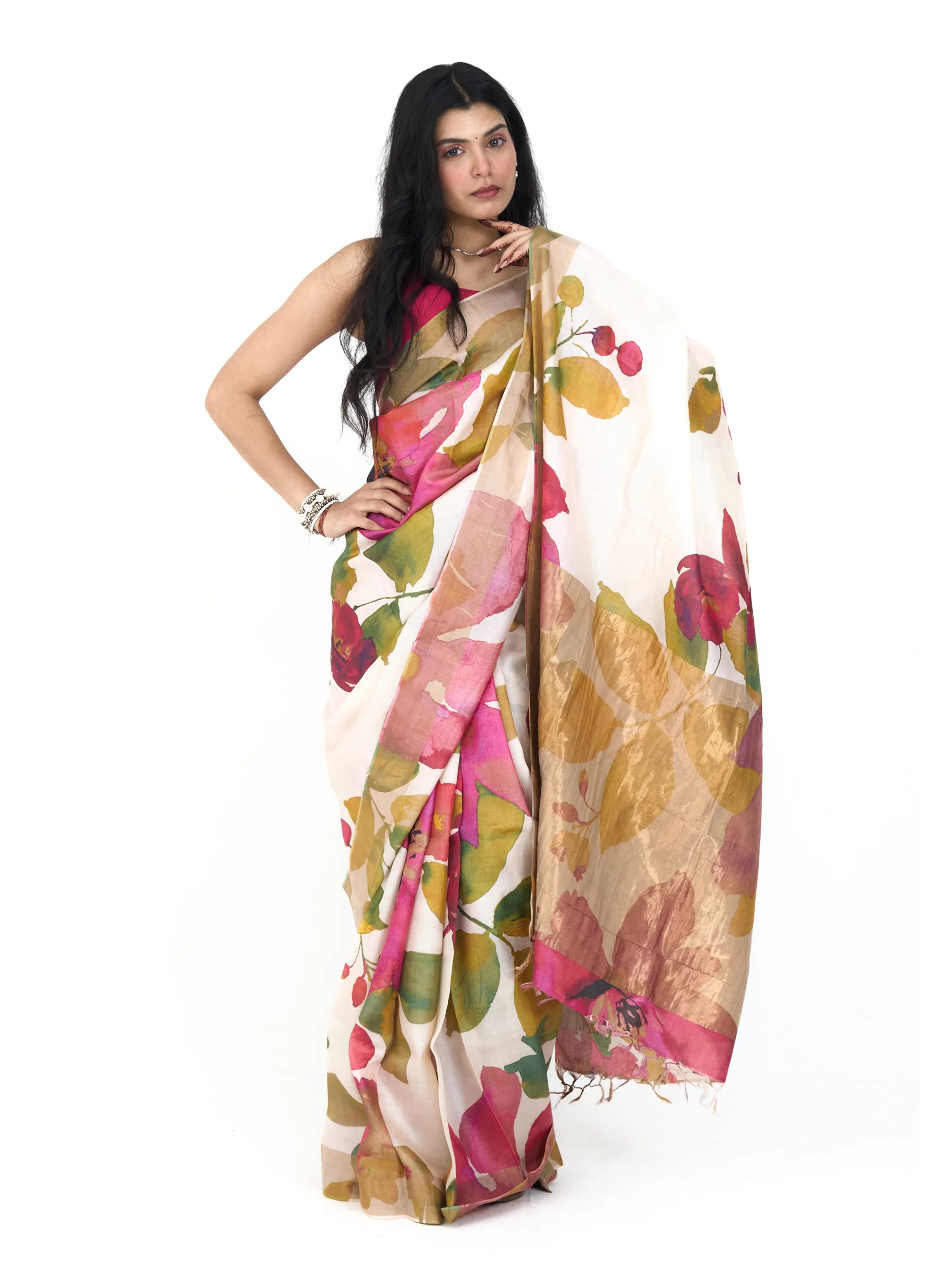 Ivory Tussar Silk Saree | Watercolor Floral Digital Print