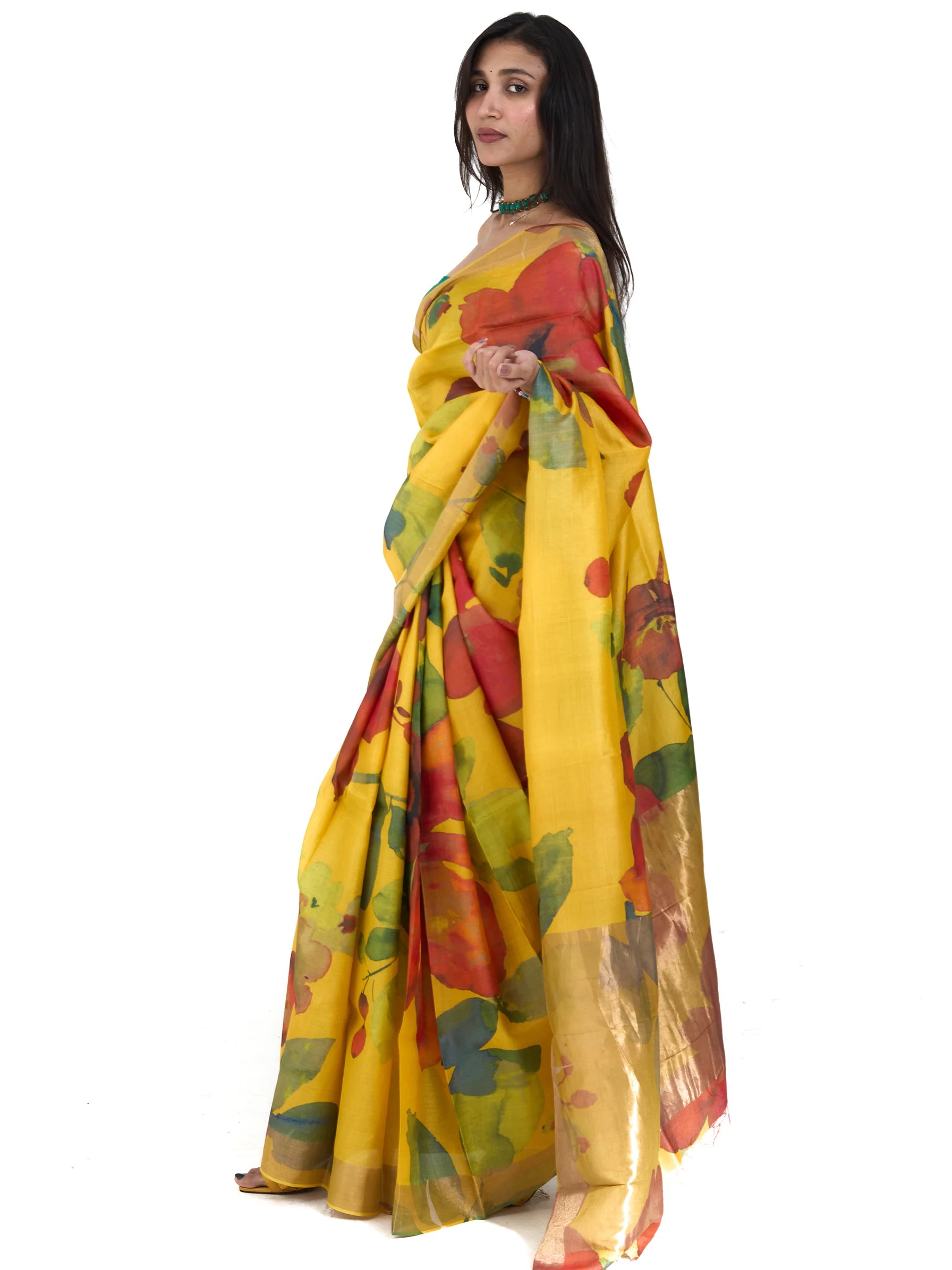 Yellow Tussar Silk Saree | Floral Block Print Phulkari Saree