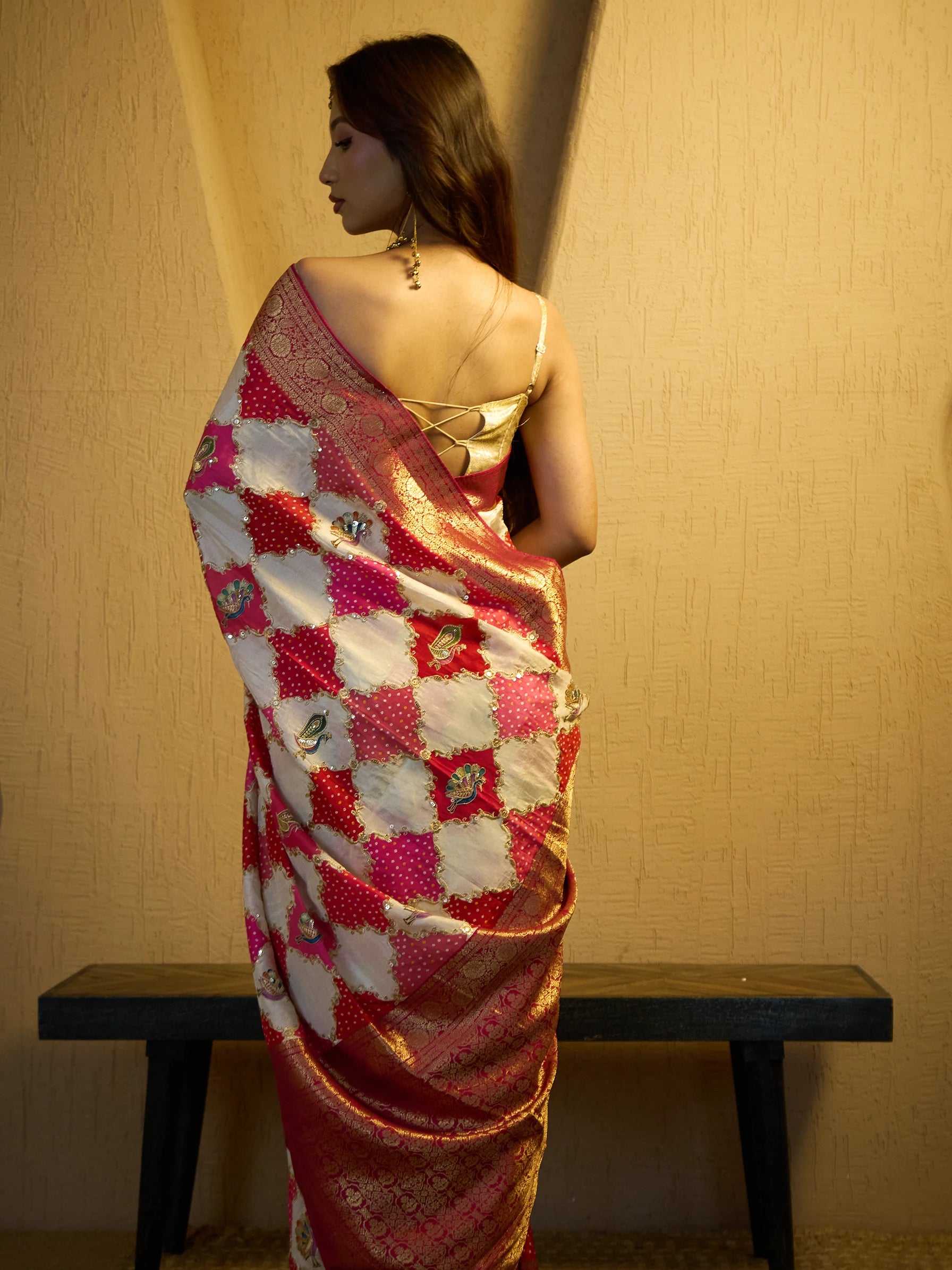 Rajwada Bandhani Saree | Pink Muga Silk Saree  | Wedding Saree